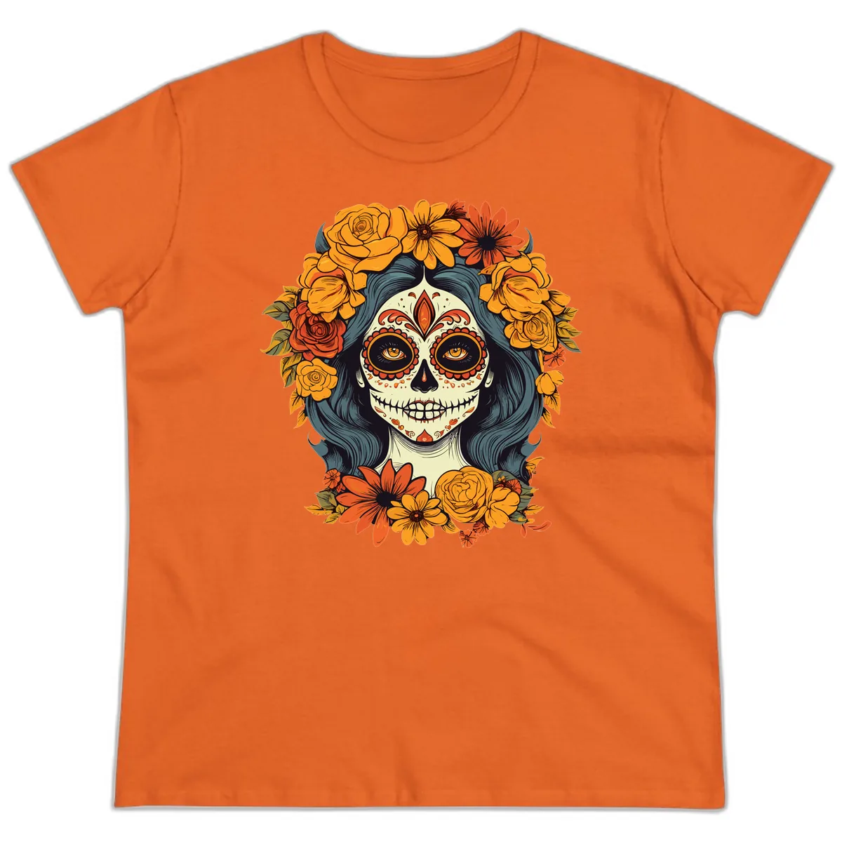 Day of the Dead Calavera Woman with Floral Crown Ladies Tee in Orange