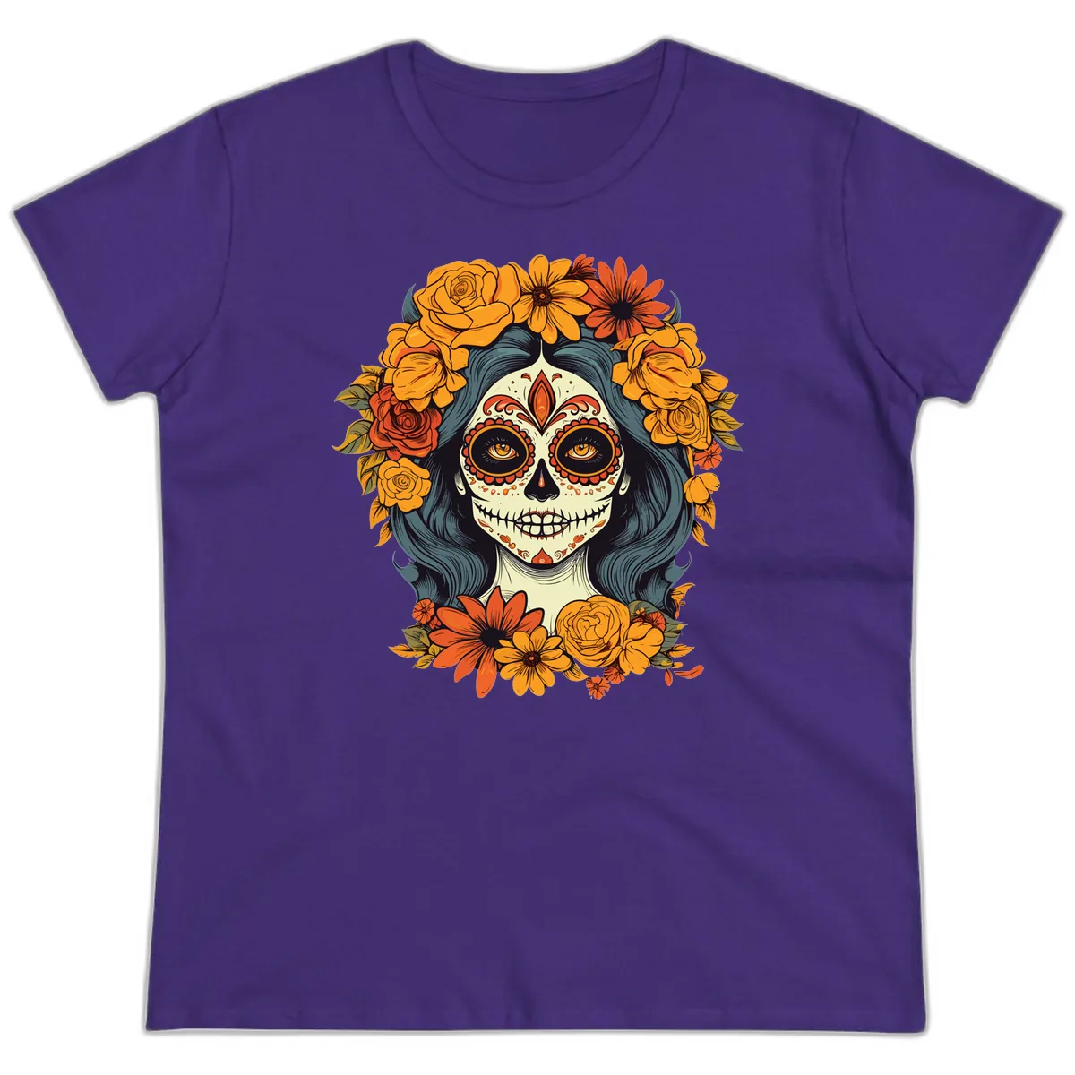 Day of the Dead Calavera Woman with Floral Crown Ladies Tee in Purple