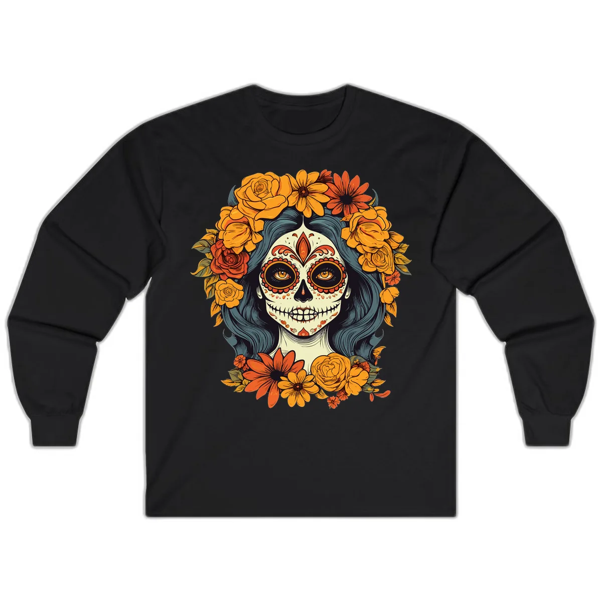 Day of the Dead Calavera Woman with Floral Crown Long Sleeve in Black