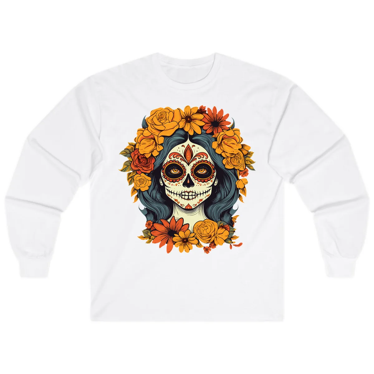 Day of the Dead Calavera Woman with Floral Crown Long Sleeve in White