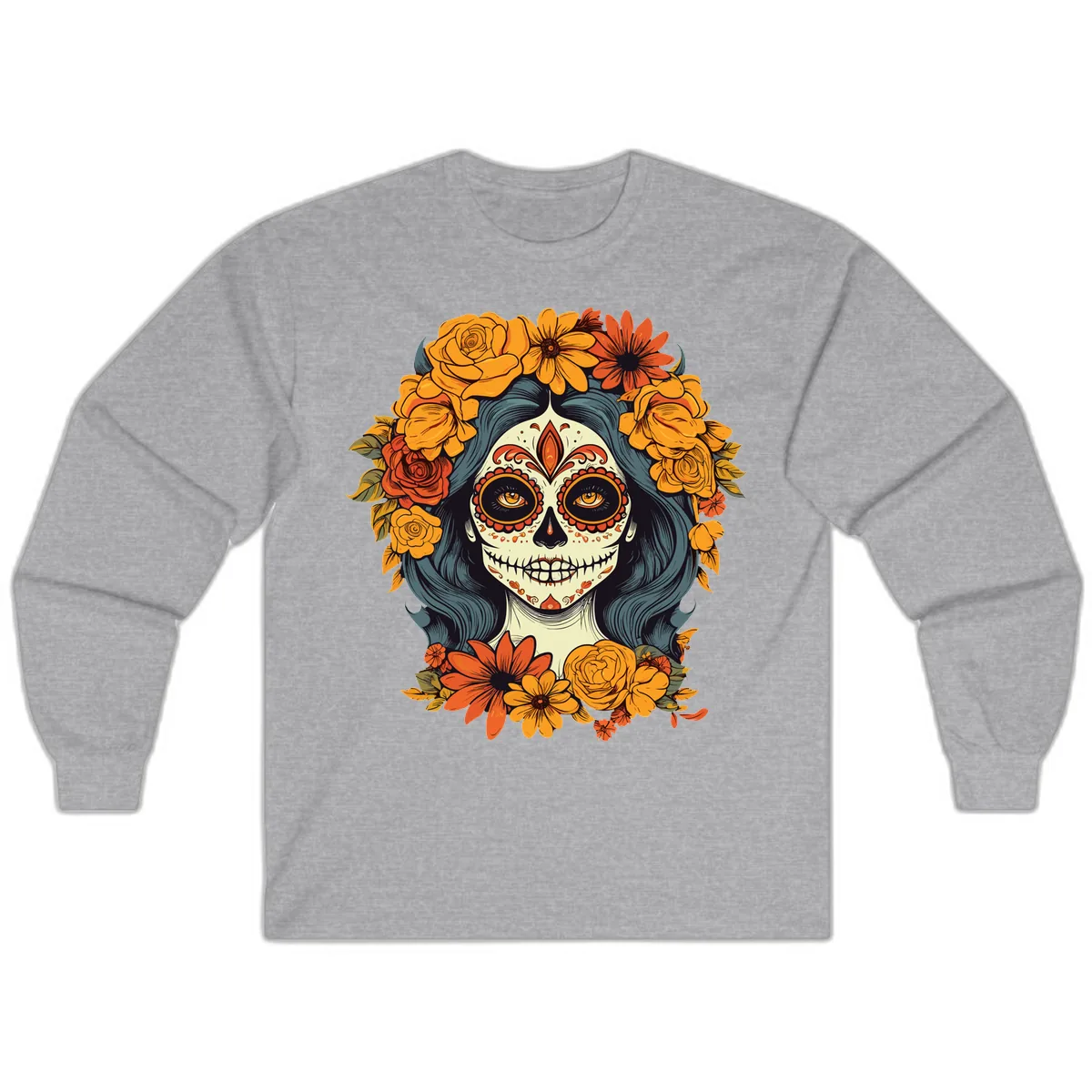 Day of the Dead Calavera Woman with Floral Crown Long Sleeve in Sport Grey