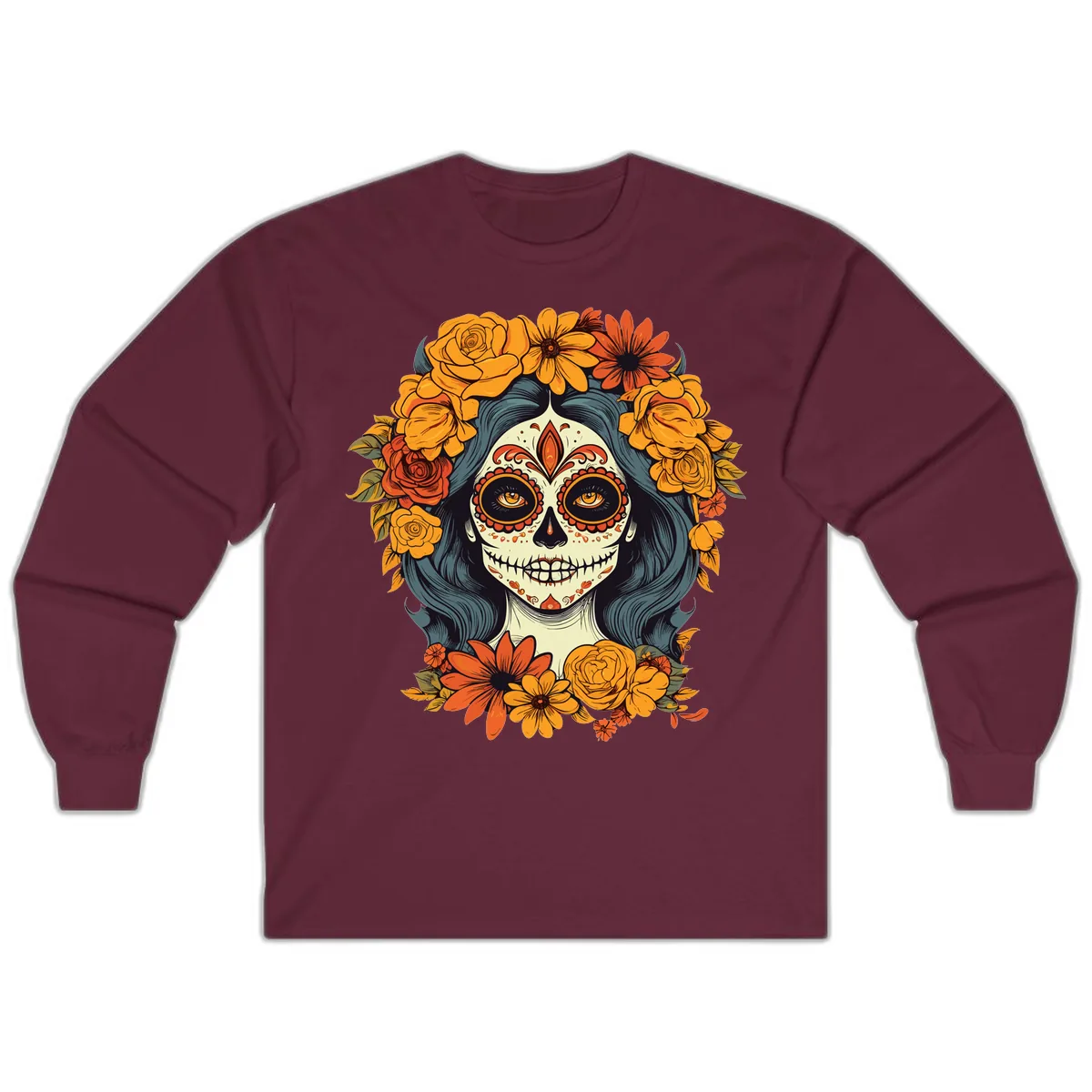 Day of the Dead Calavera Woman with Floral Crown Long Sleeve in Maroon