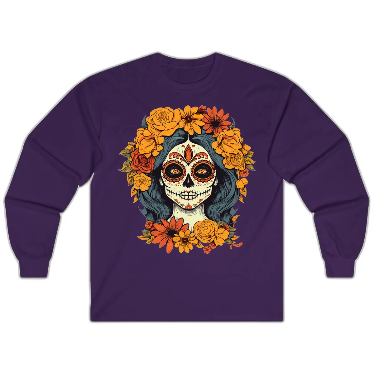 Day of the Dead Calavera Woman with Floral Crown Long Sleeve in Purple