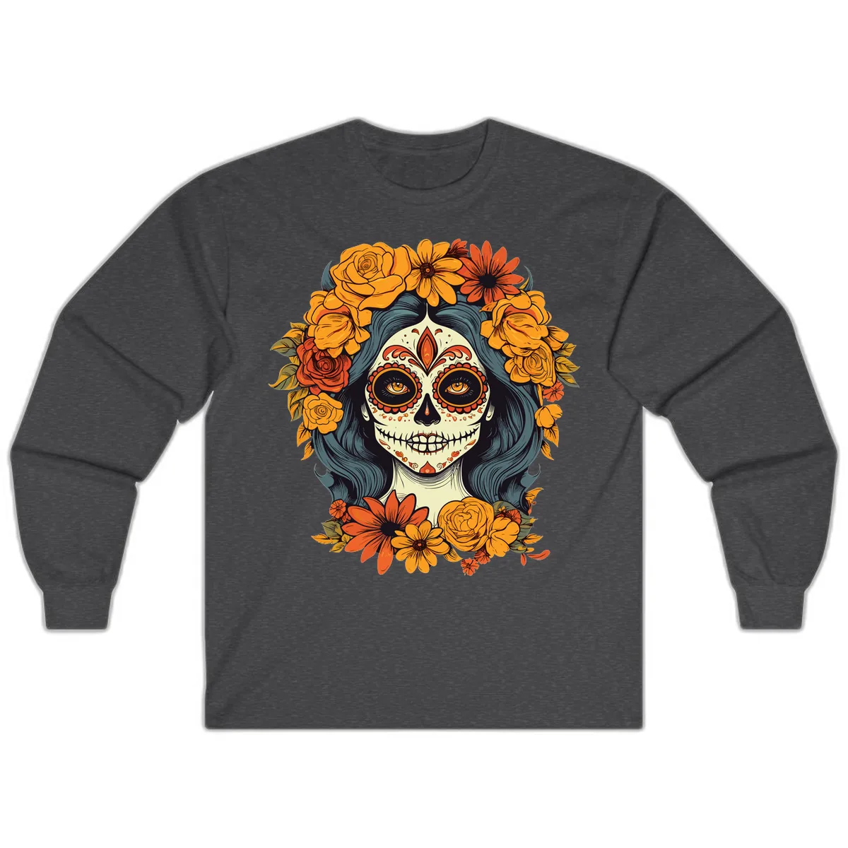 Day of the Dead Calavera Woman with Floral Crown Long Sleeve in Dark Heather
