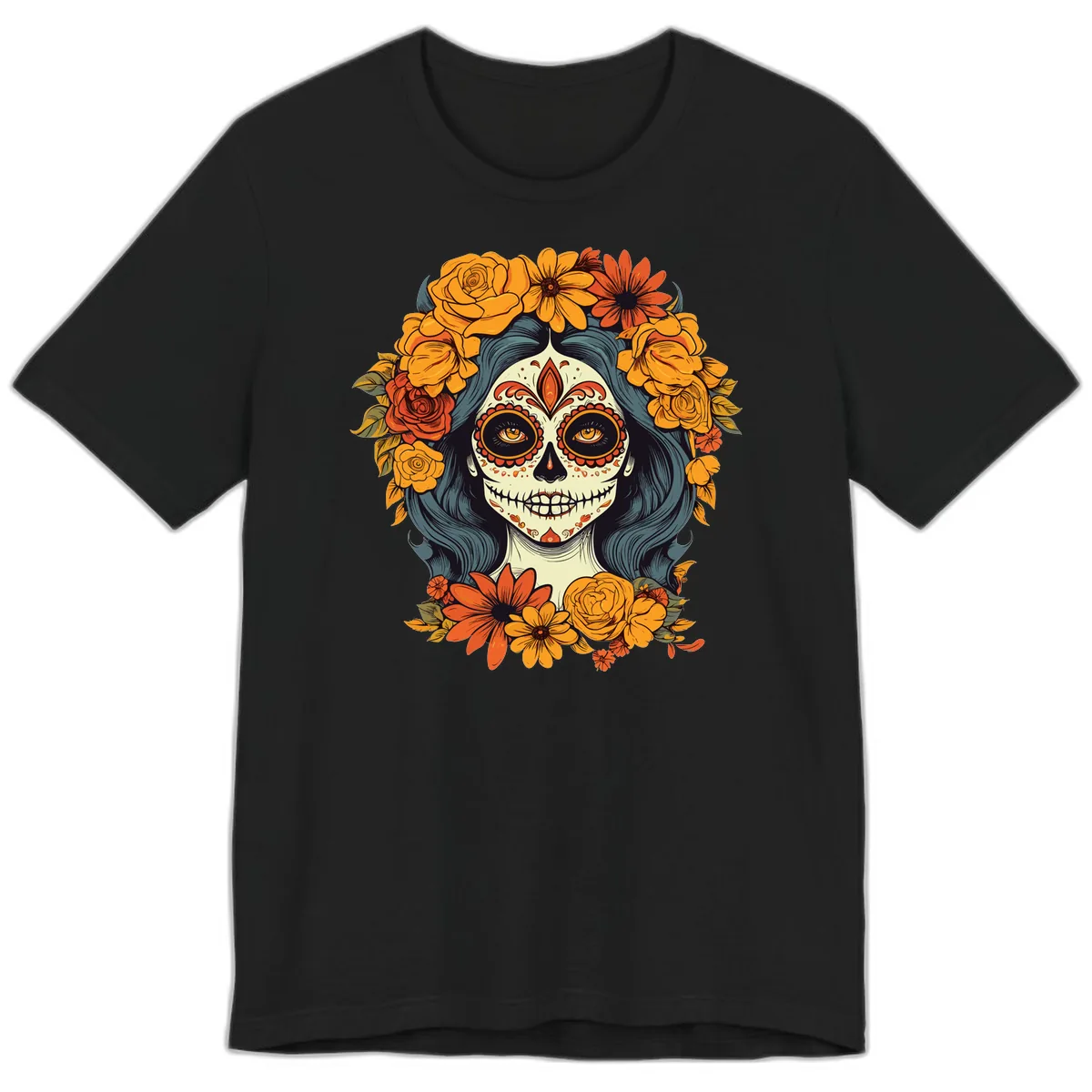 Day of the Dead Calavera Woman with Floral Crown Premium T-Shirt in Black