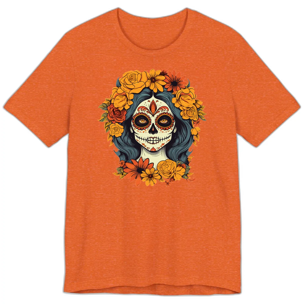 Day of the Dead Calavera Woman with Floral Crown Premium T-Shirt in Heather Orange