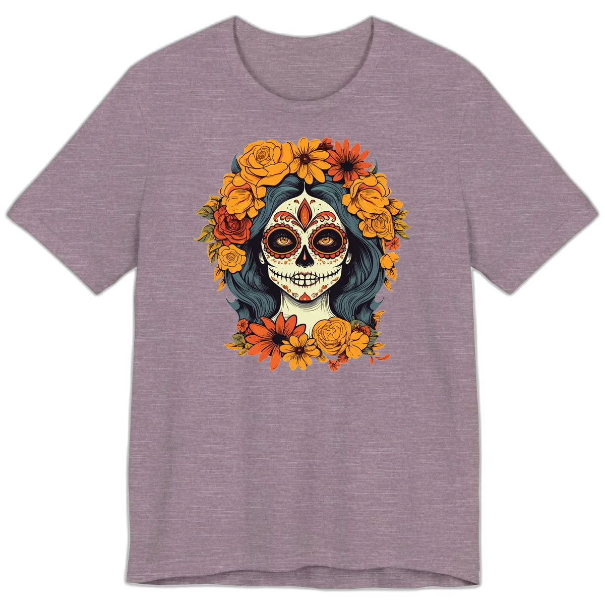 Day of the Dead Calavera Woman with Floral Crown Premium T-Shirt in Heather Purple