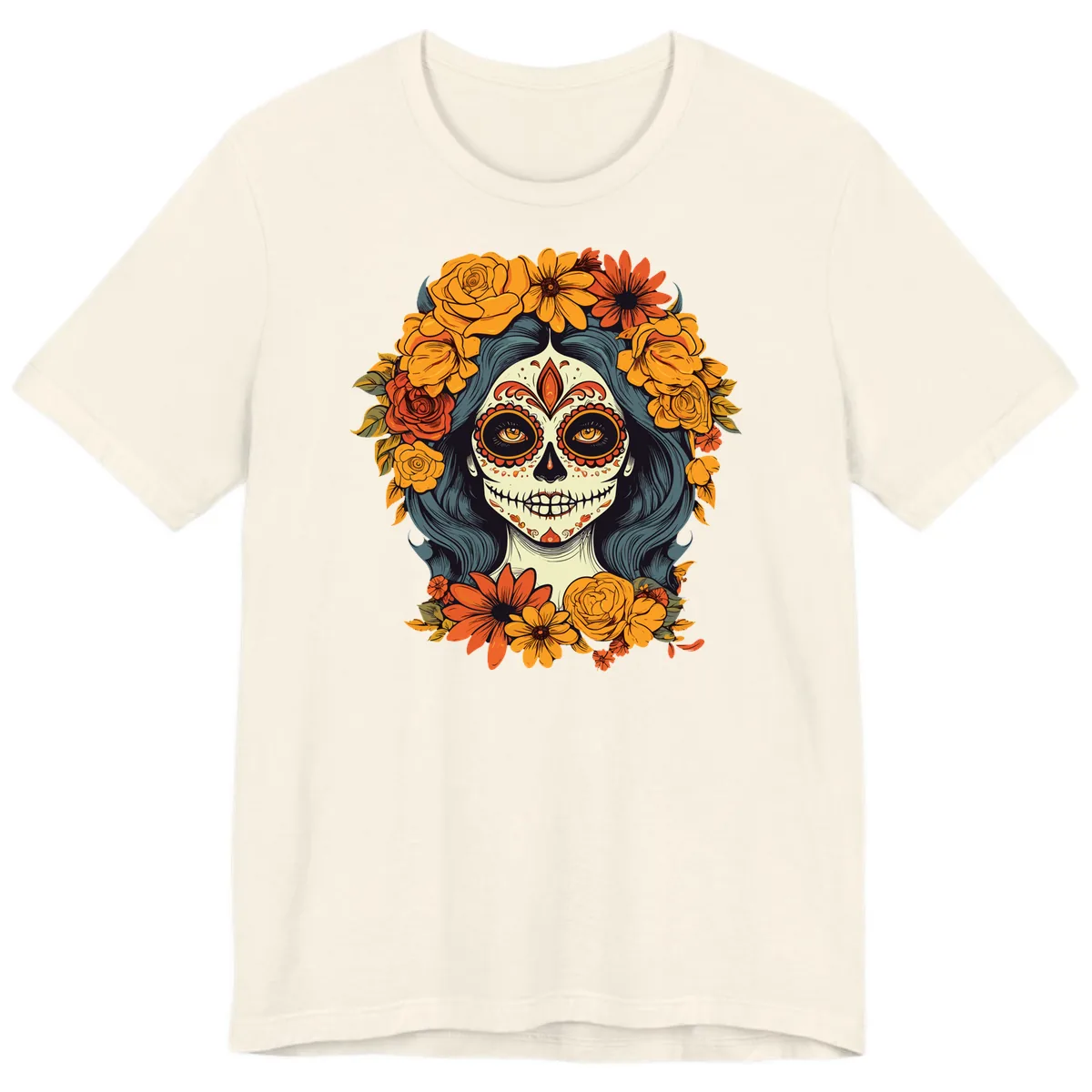 Day of the Dead Calavera Woman with Floral Crown Premium T-Shirt in Natural