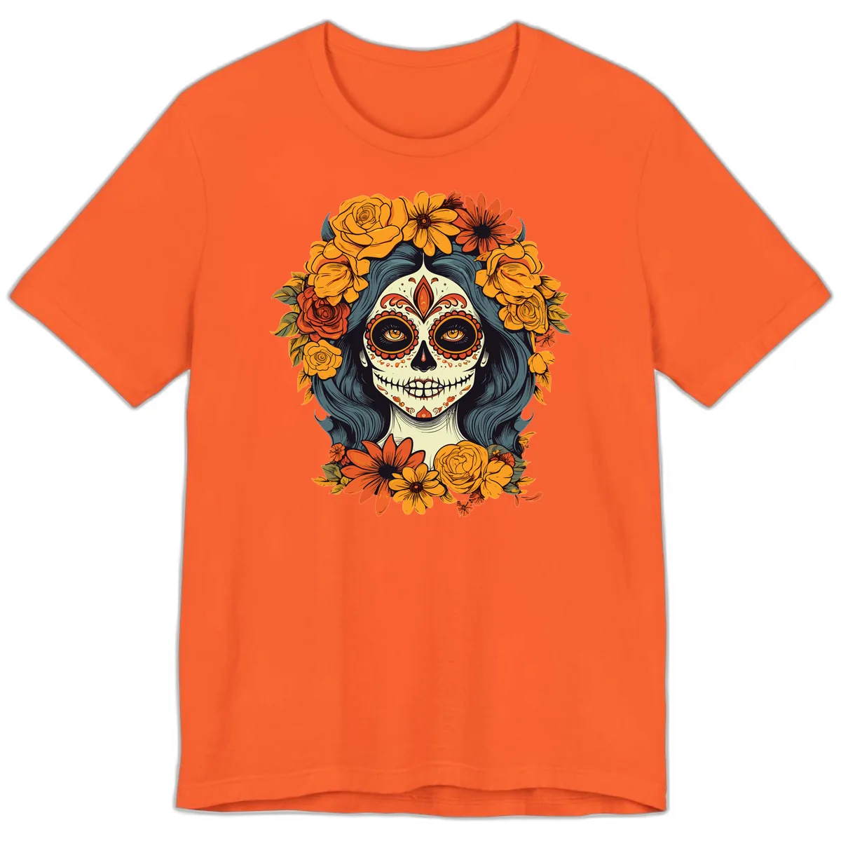 Day of the Dead Calavera Woman with Floral Crown Premium T-Shirt in Orange