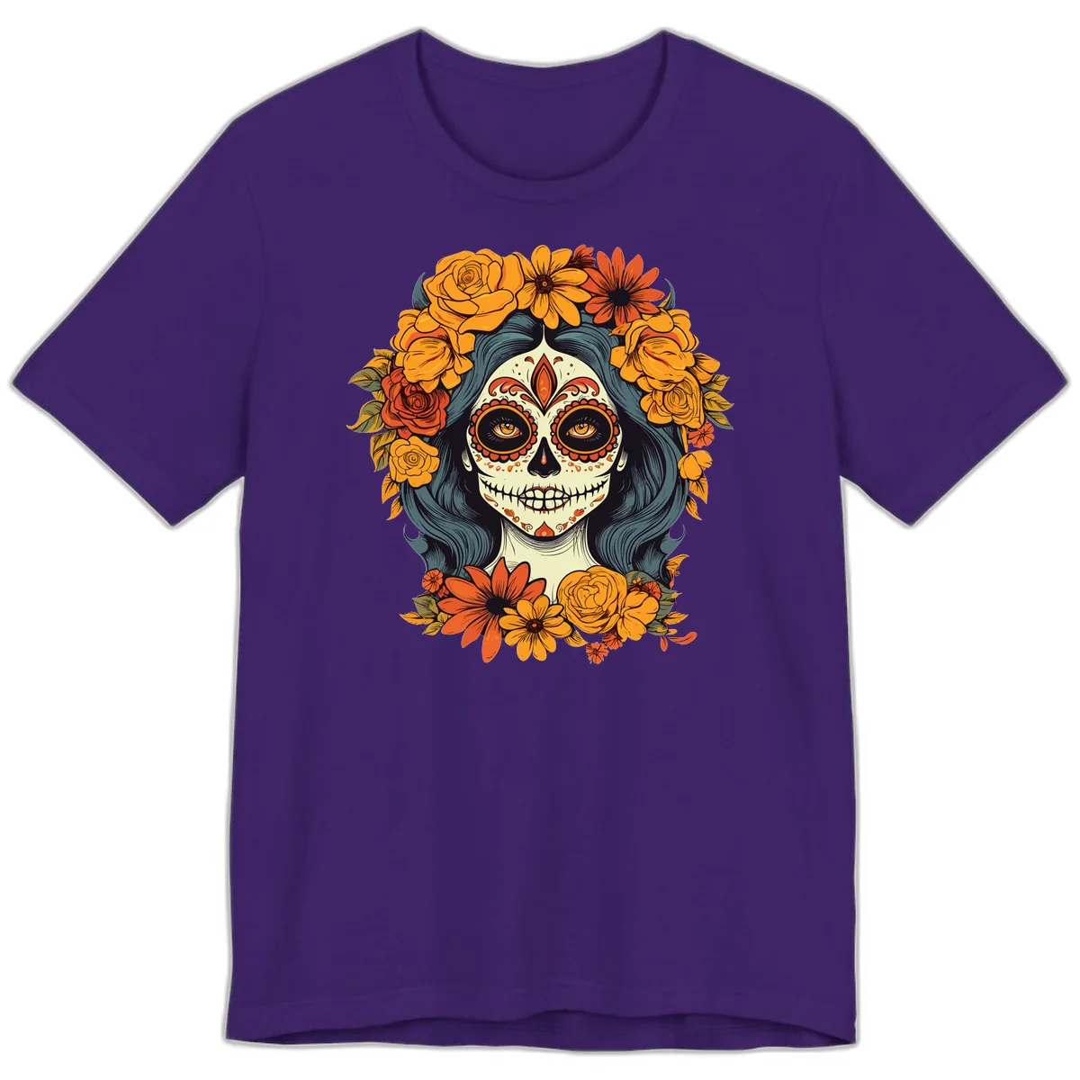 Day of the Dead Calavera Woman with Floral Crown Premium T-Shirt in Team Purple