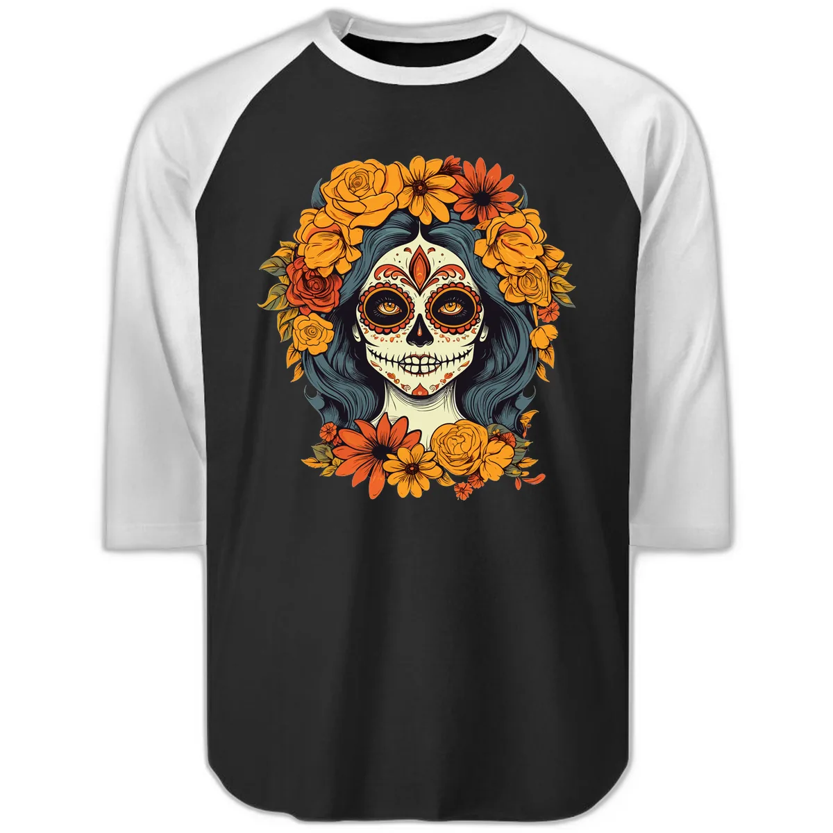 Day of the Dead Calavera Woman with Floral Crown Raglan 3/4 in Black White