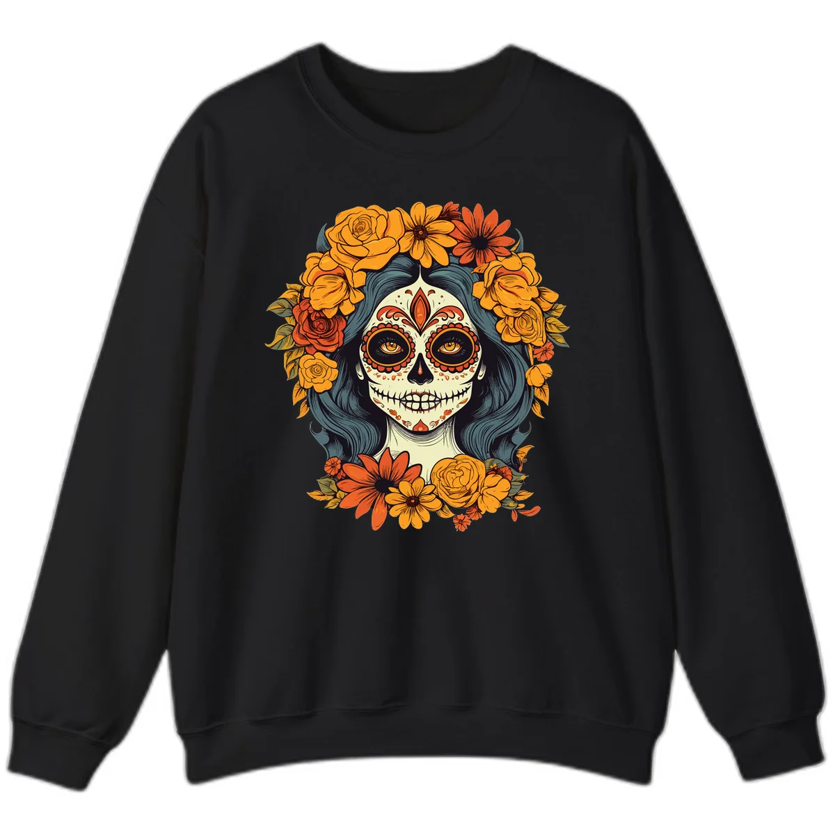 Day of the Dead Calavera Woman with Floral Crown Sweatshirt in Black