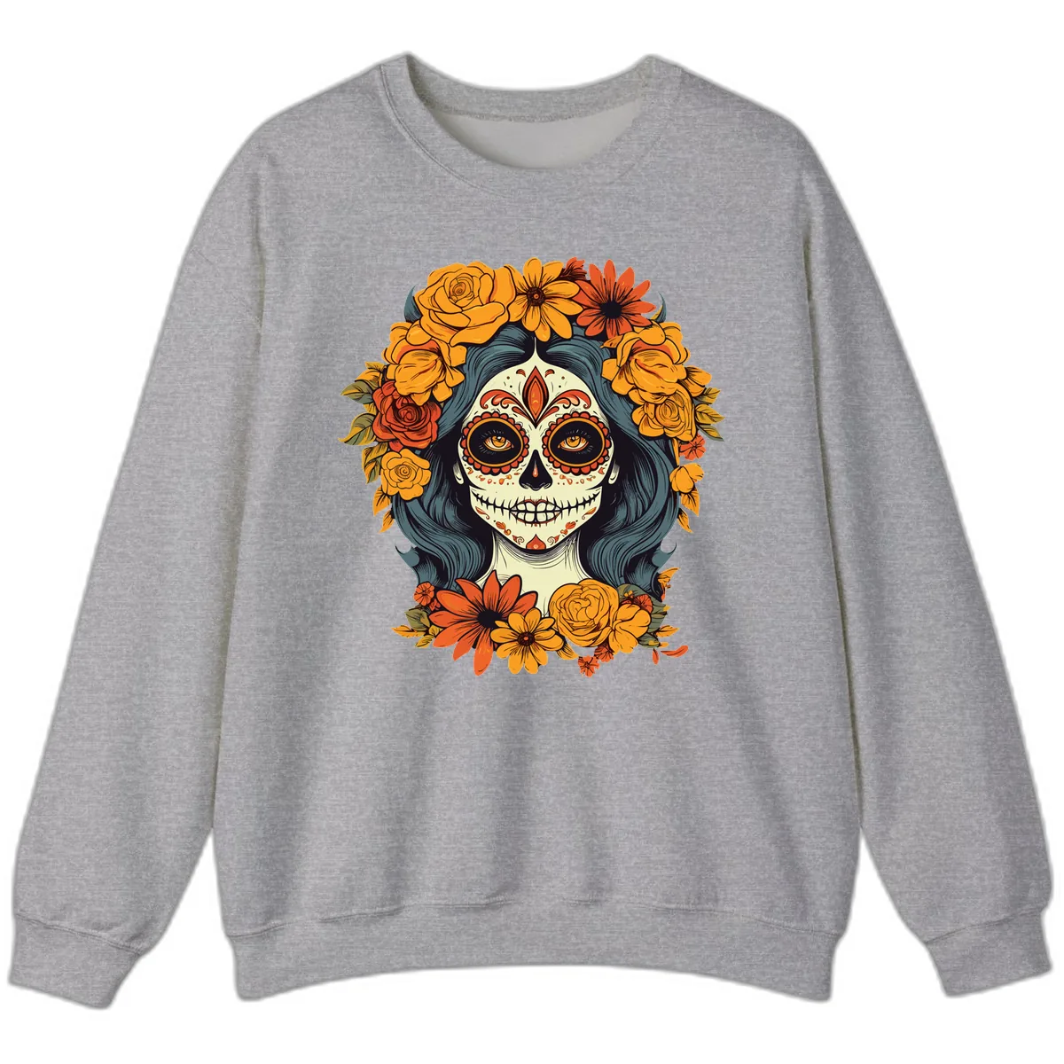 Day of the Dead Calavera Woman with Floral Crown Sweatshirt in Sport Grey