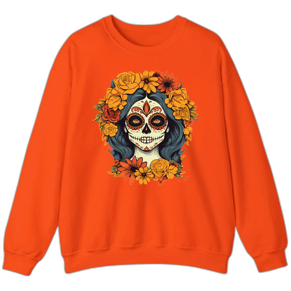 Day of the Dead Calavera Woman with Floral Crown Sweatshirt in Orange