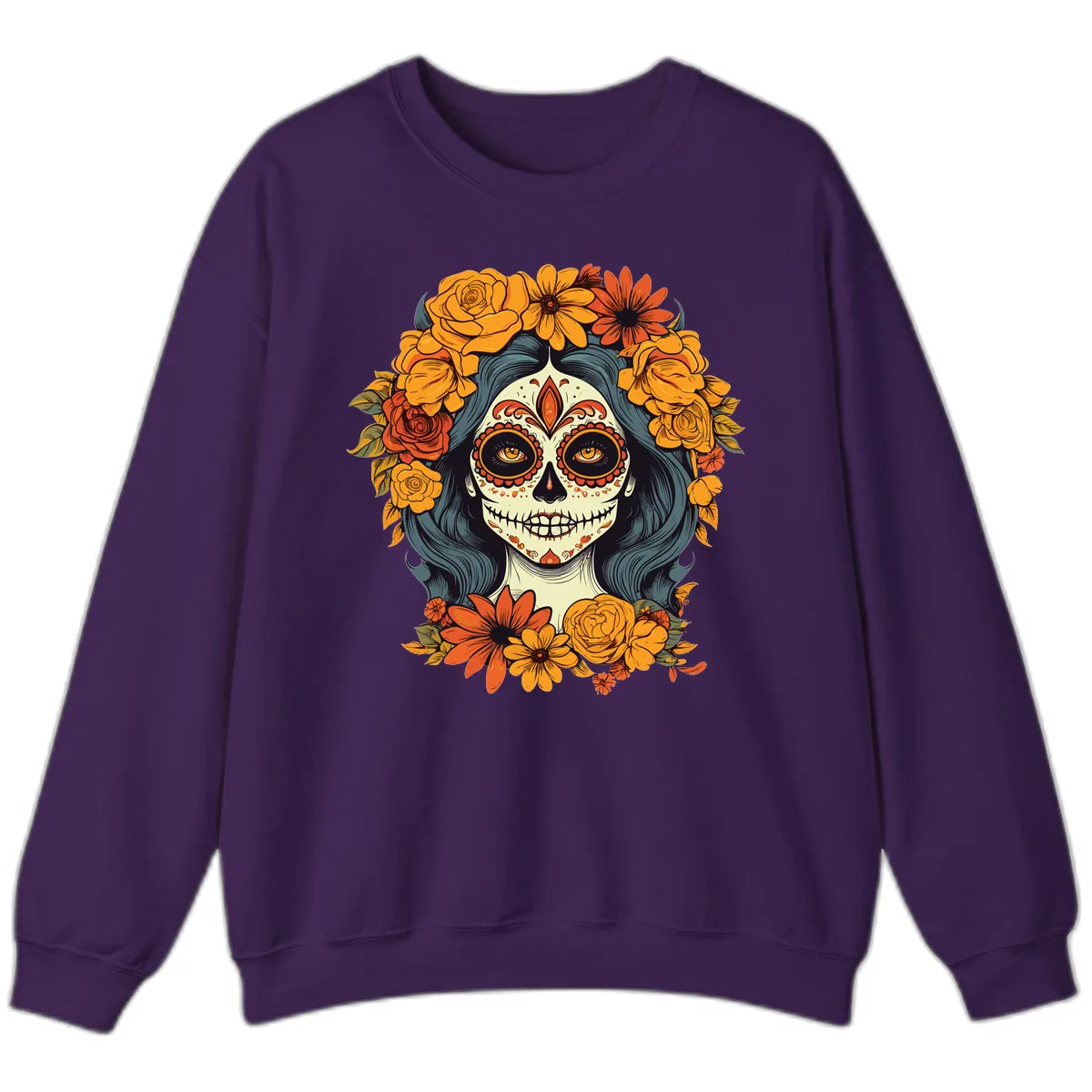 Day of the Dead Calavera Woman with Floral Crown Sweatshirt in Purple