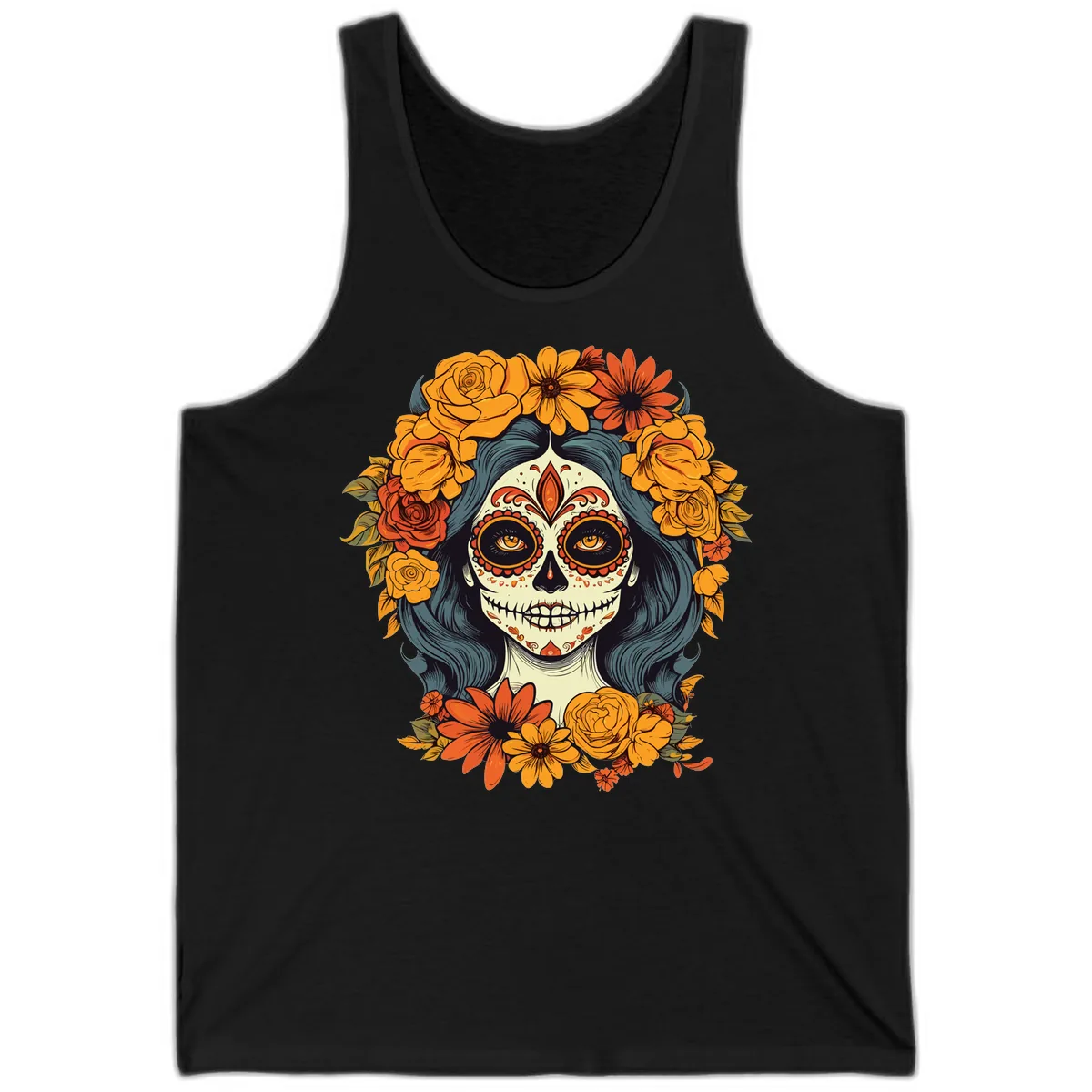 Day of the Dead Calavera Woman with Floral Crown Tank in Black