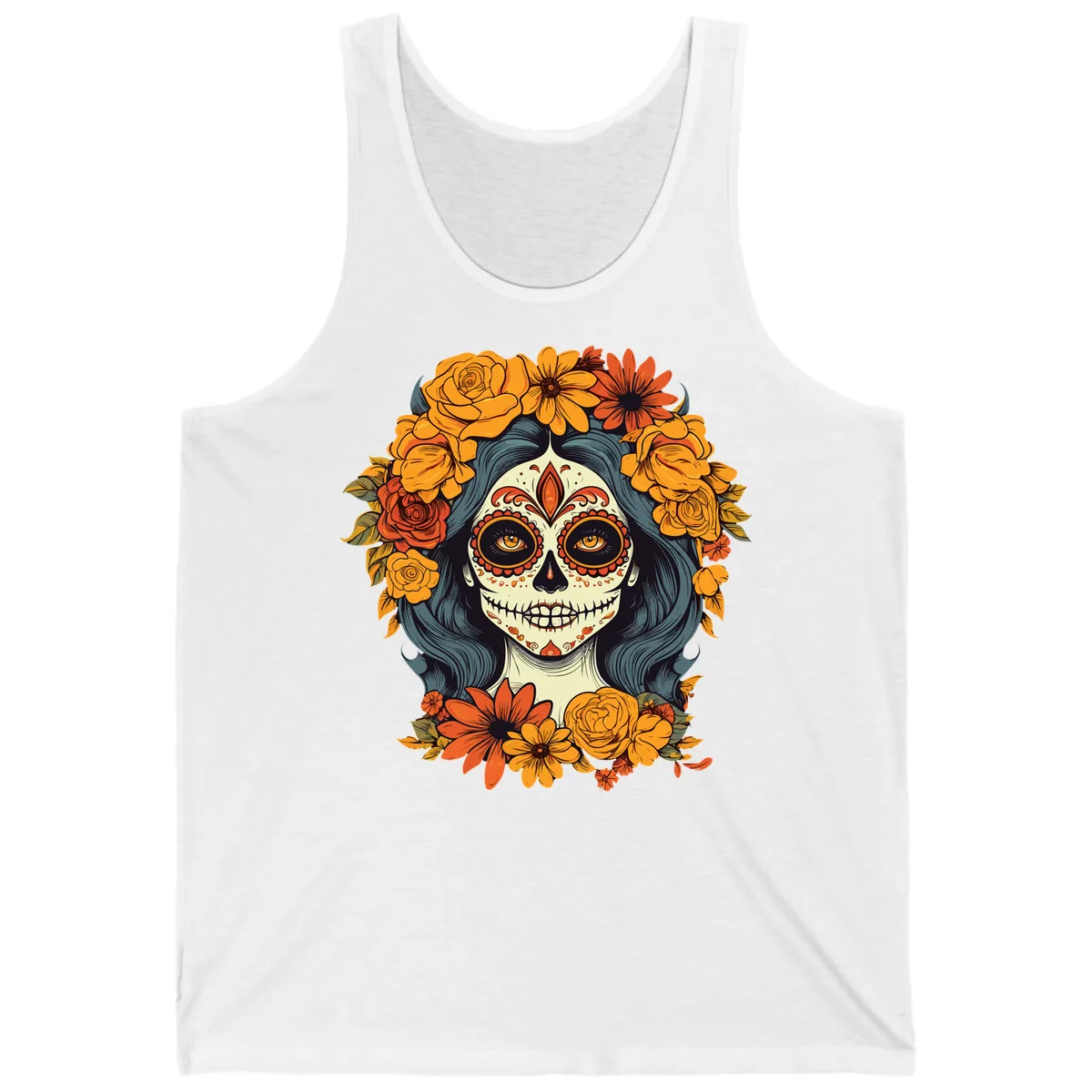 Day of the Dead Calavera Woman with Floral Crown Tank in White