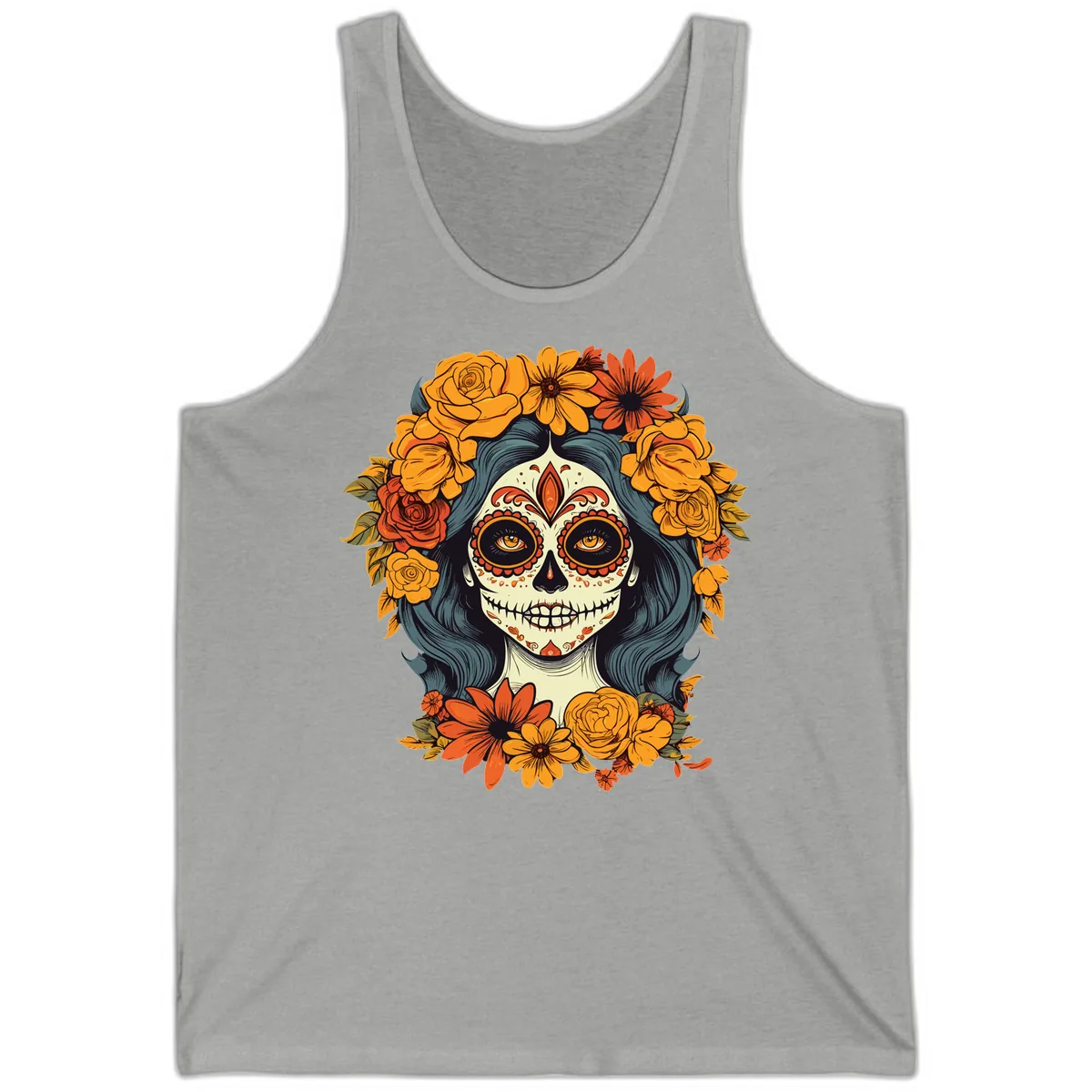 Day of the Dead Calavera Woman with Floral Crown Tank in Athletic Heather