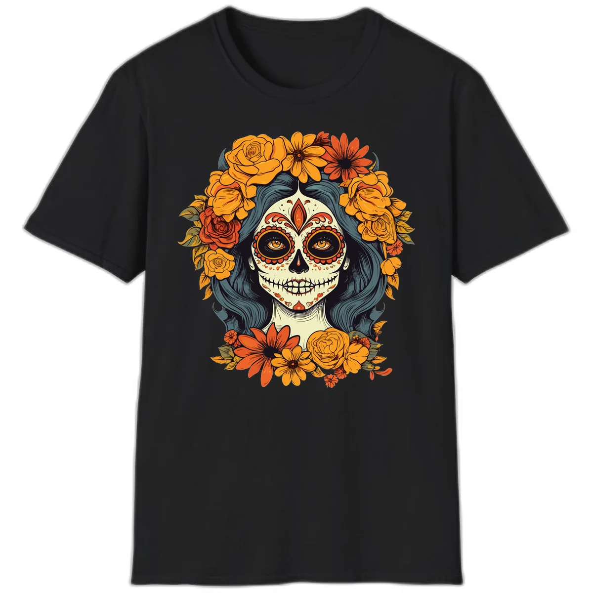 Day of the Dead Calavera Woman with Floral Crown T-Shirt in Black