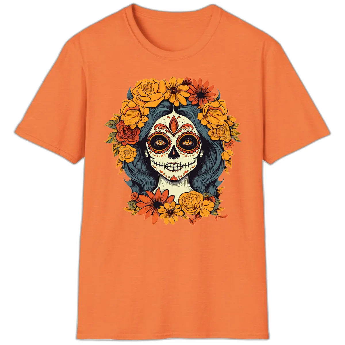 Day of the Dead Calavera Woman with Floral Crown T-Shirt in Heather Orange