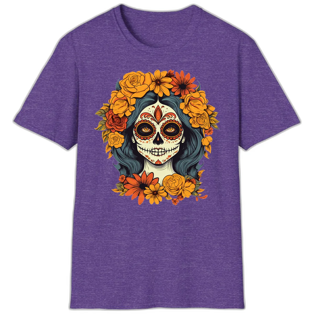 Day of the Dead Calavera Woman with Floral Crown T-Shirt in Heather Purple