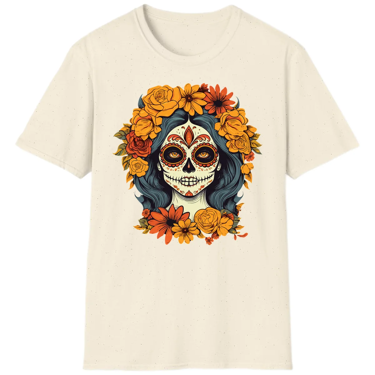 Day of the Dead Calavera Woman with Floral Crown T-Shirt in Natural