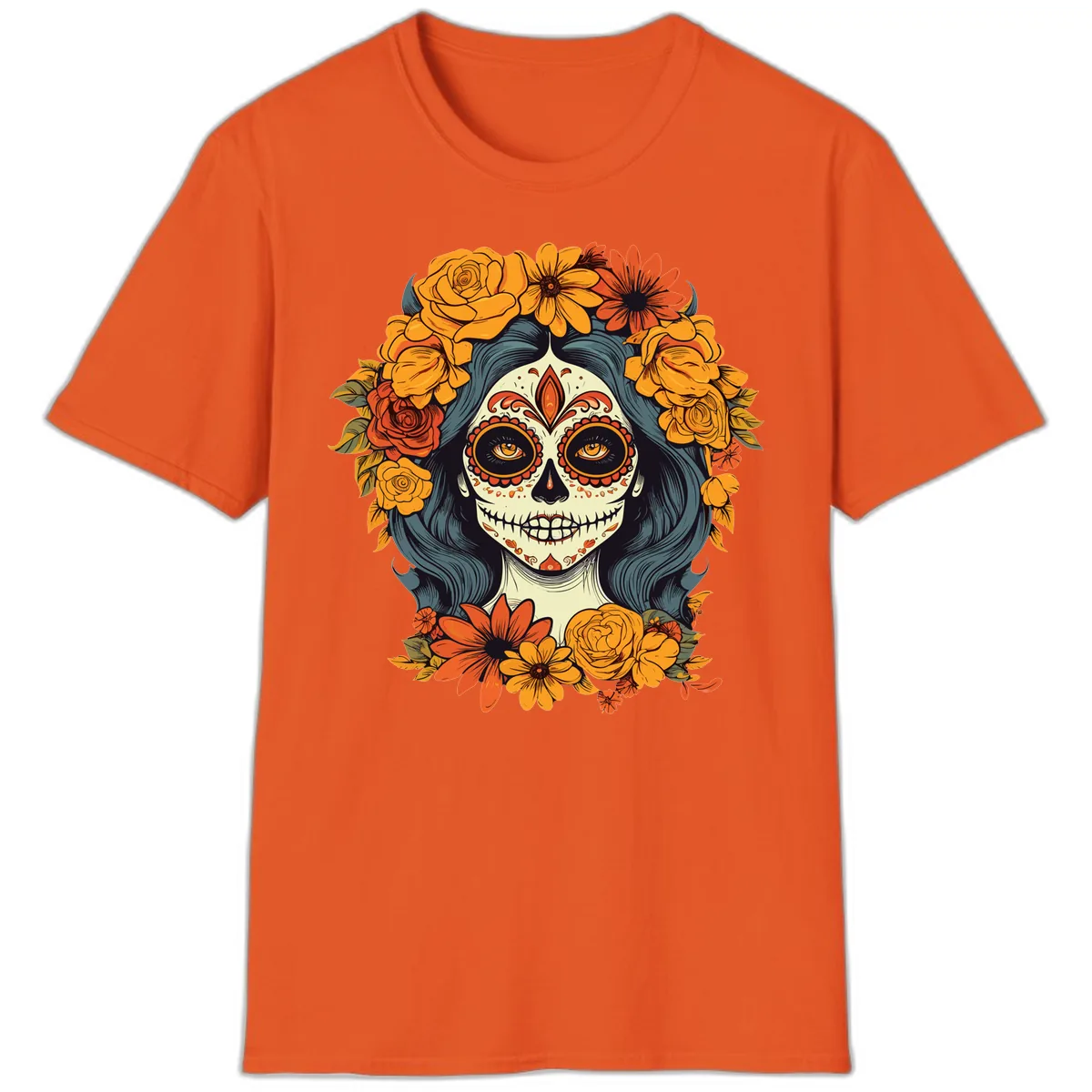 Day of the Dead Calavera Woman with Floral Crown T-Shirt in Orange
