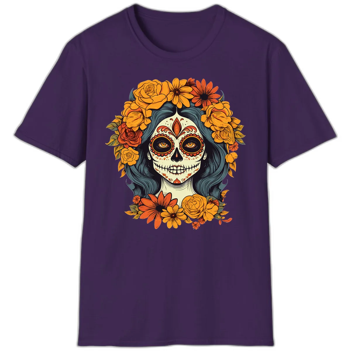 Day of the Dead Calavera Woman with Floral Crown T-Shirt in Purple