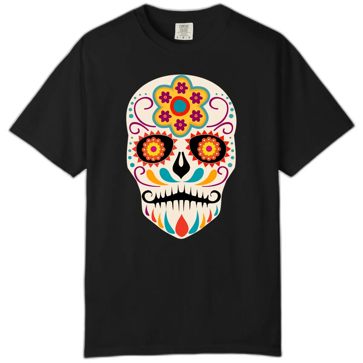 Vibrant Sugar Skull Calavera with Floral Crown Comfort Color in Black