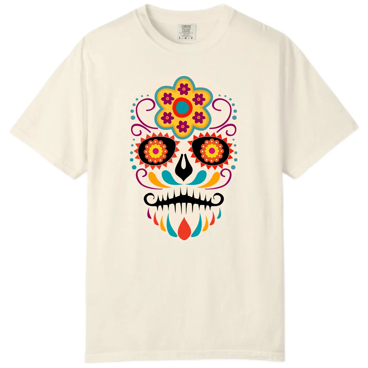 Vibrant Sugar Skull Calavera with Floral Crown Comfort Color in Ivory