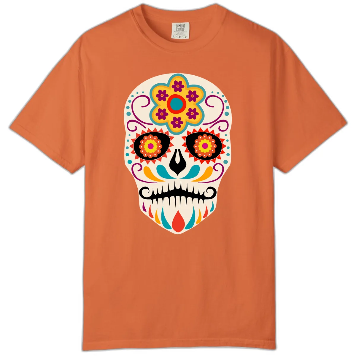 Vibrant Sugar Skull Calavera with Floral Crown Comfort Color in Burnt Orange