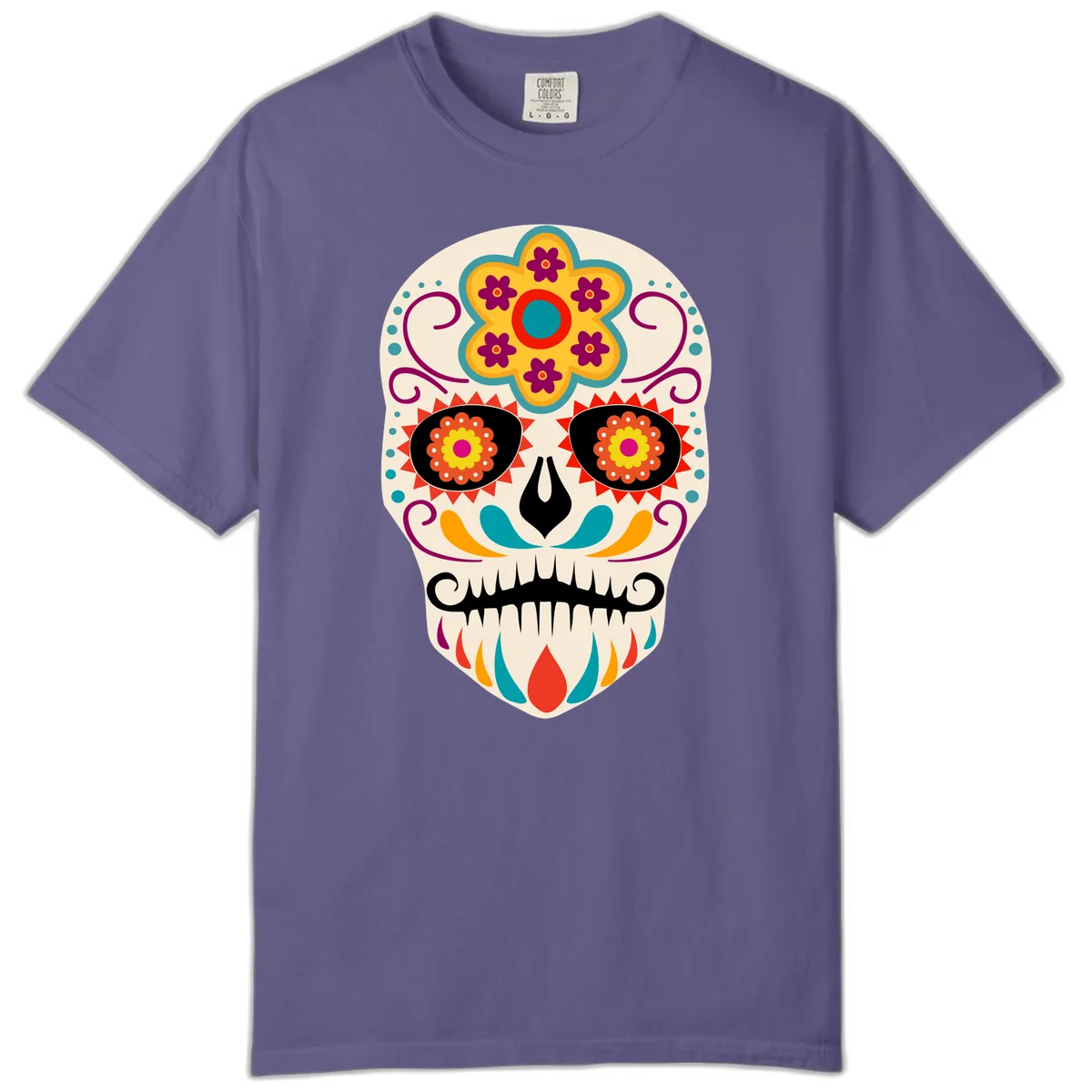 Vibrant Sugar Skull Calavera with Floral Crown Comfort Color in Grape