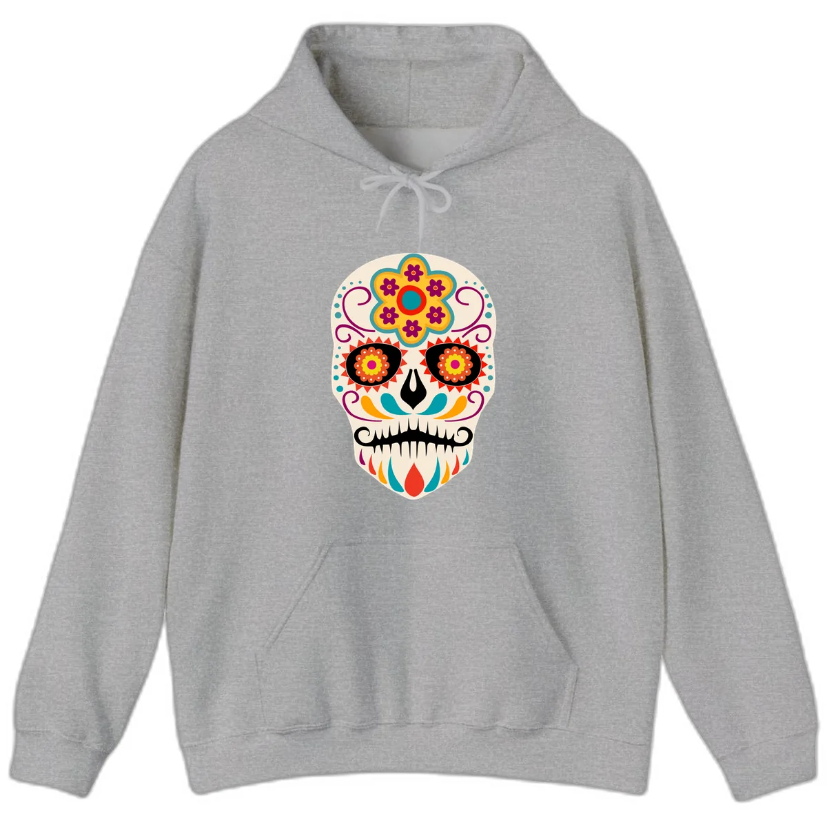 Vibrant Sugar Skull Calavera with Floral Crown Hoodie in Sport Grey