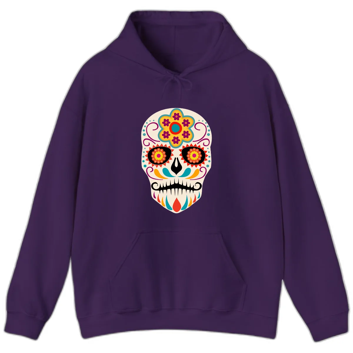 Vibrant Sugar Skull Calavera with Floral Crown Hoodie in Purple