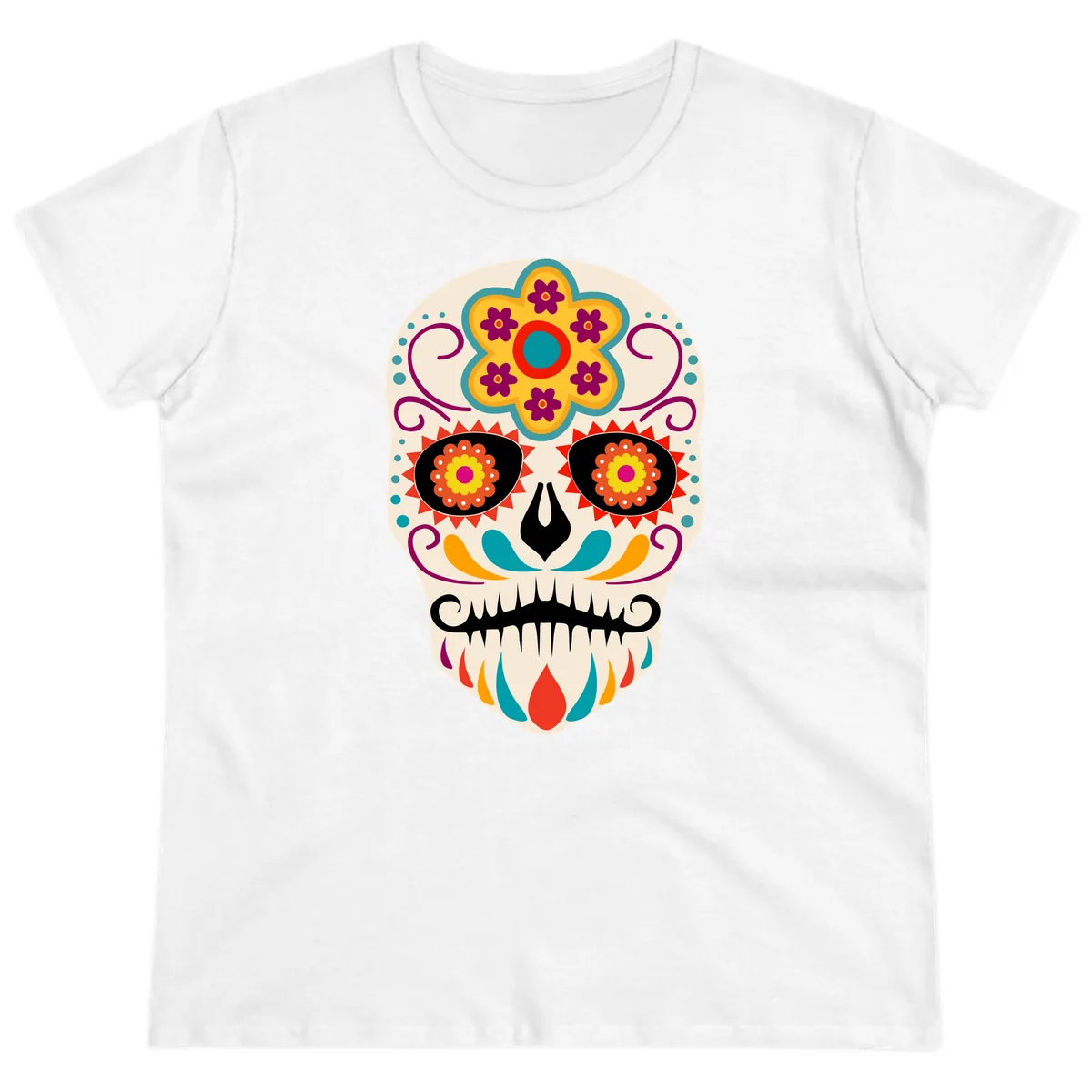 Vibrant Sugar Skull Calavera with Floral Crown Ladies Tee in White