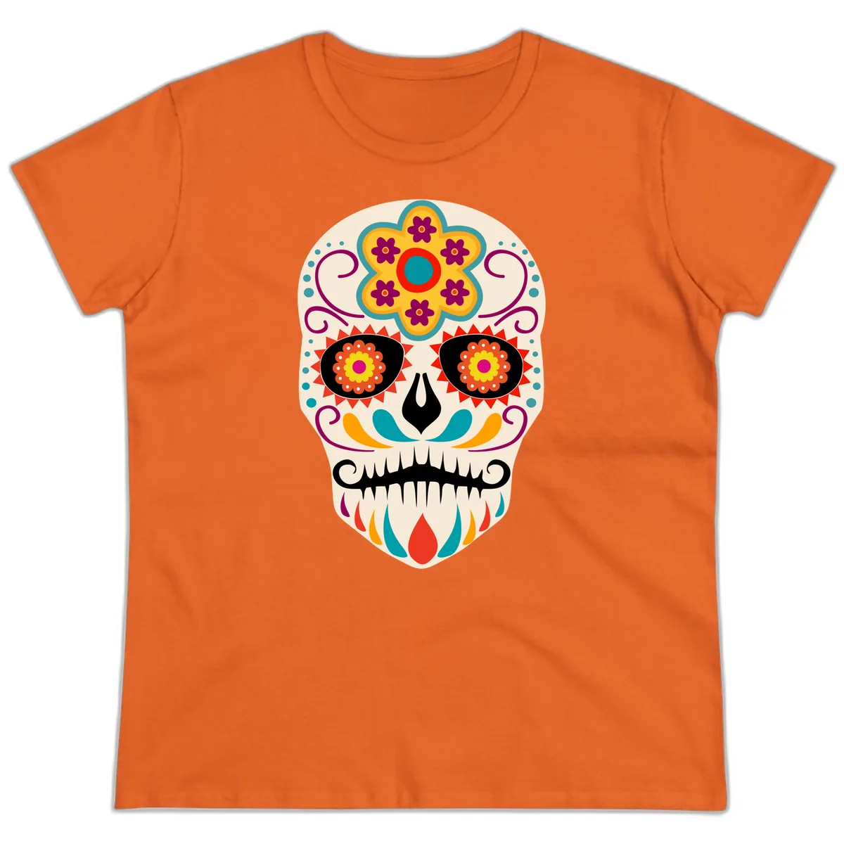 Vibrant Sugar Skull Calavera with Floral Crown Ladies Tee in Orange