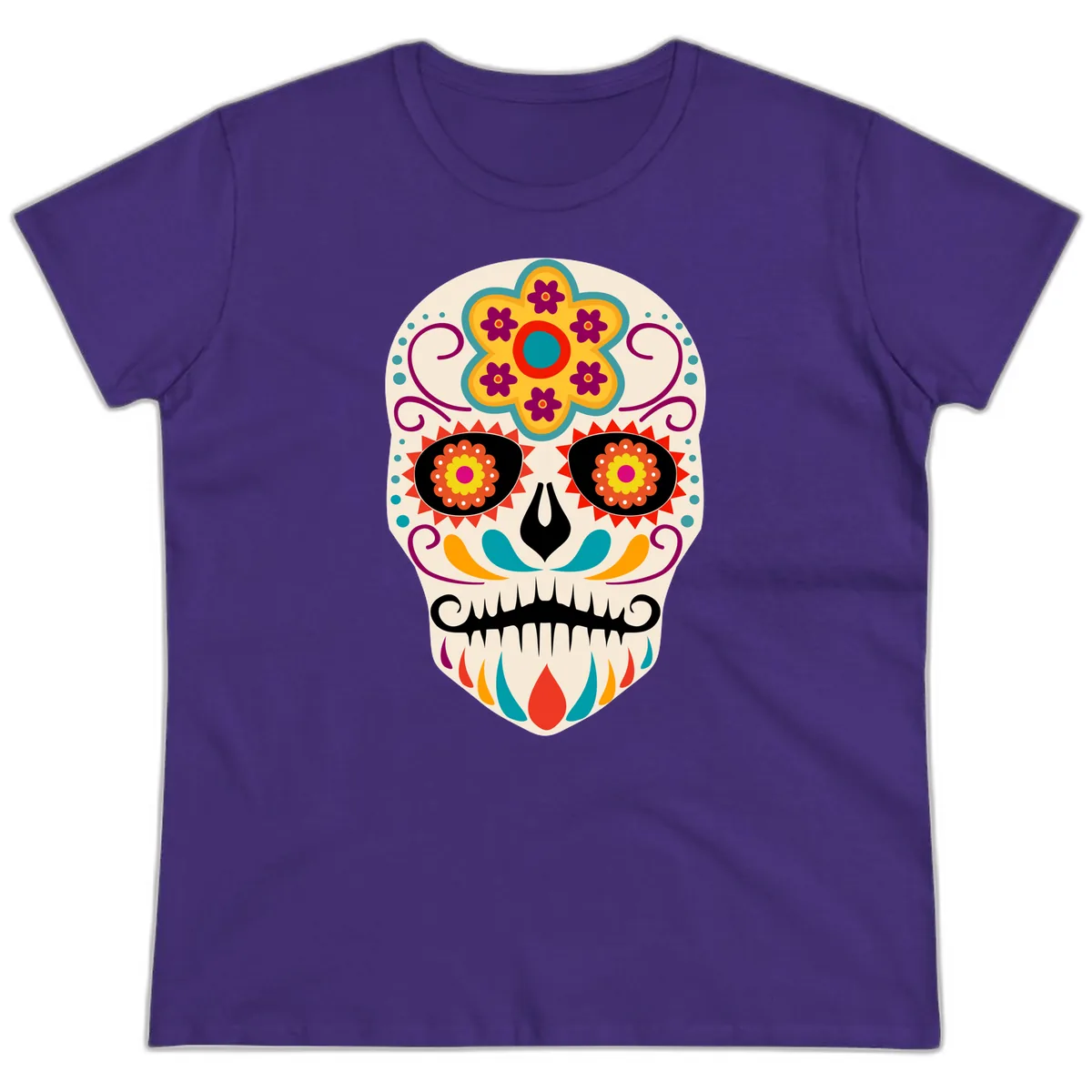 Vibrant Sugar Skull Calavera with Floral Crown Ladies Tee in Purple