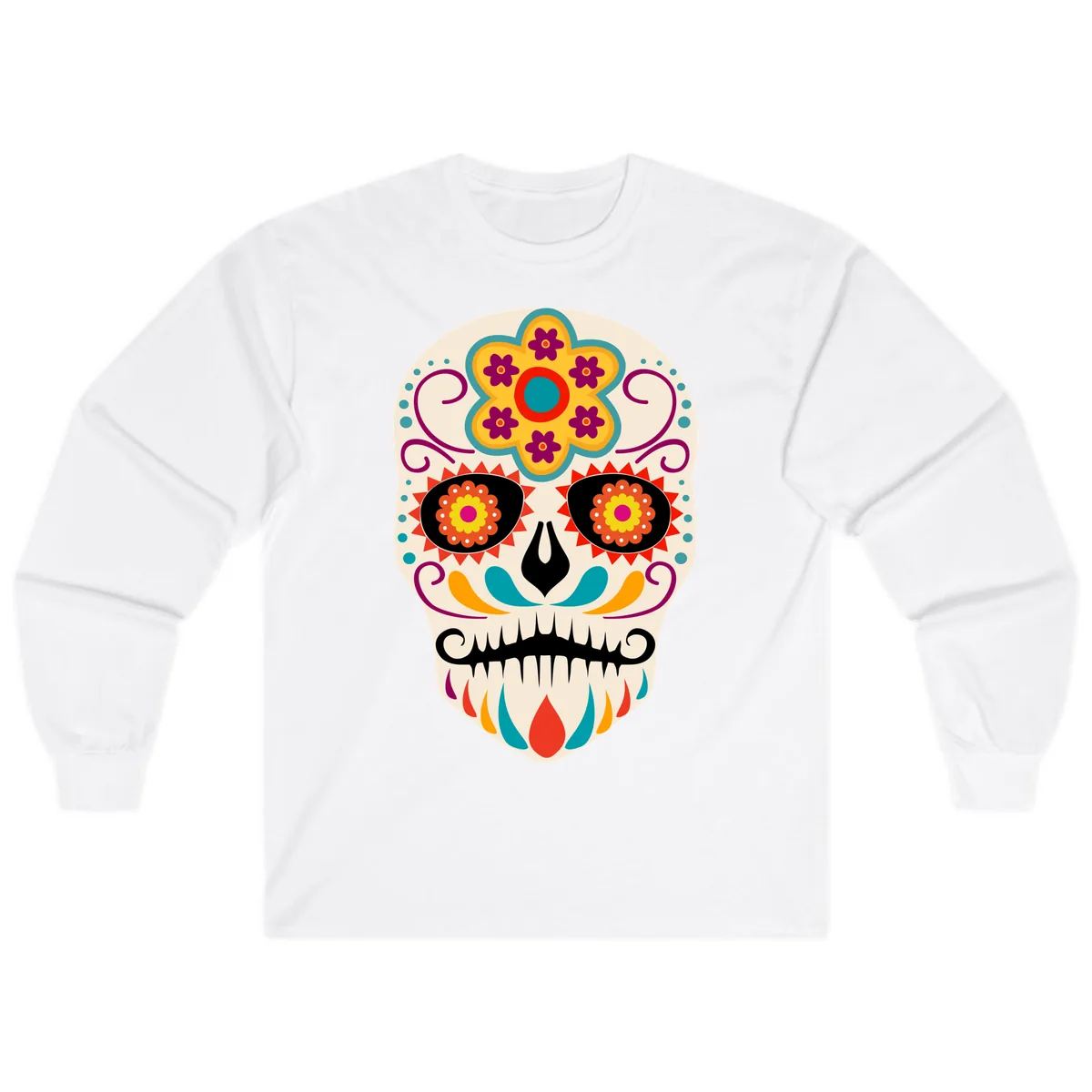 Vibrant Sugar Skull Calavera with Floral Crown Long Sleeve in White