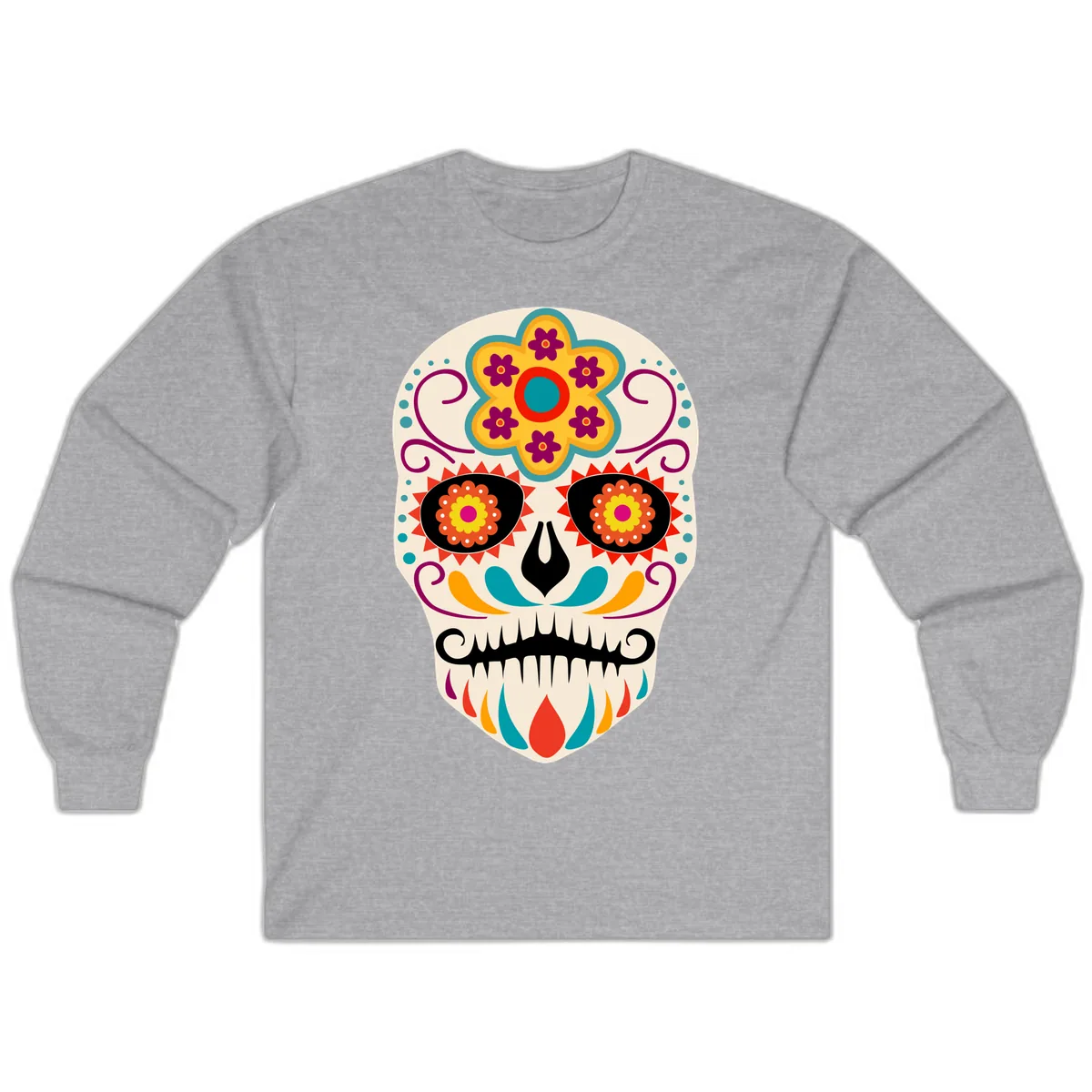 Vibrant Sugar Skull Calavera with Floral Crown Long Sleeve in Sport Grey