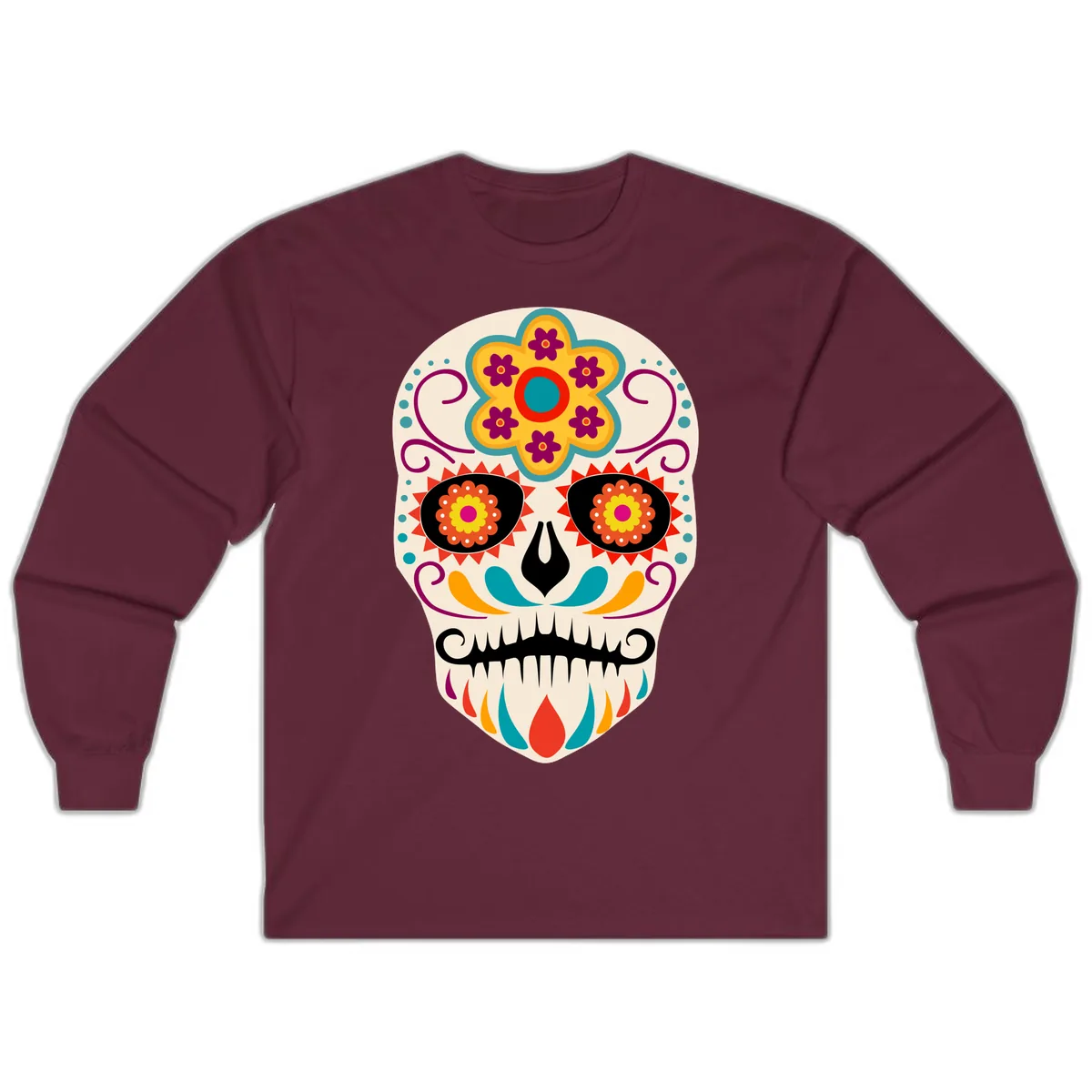 Vibrant Sugar Skull Calavera with Floral Crown Long Sleeve in Maroon