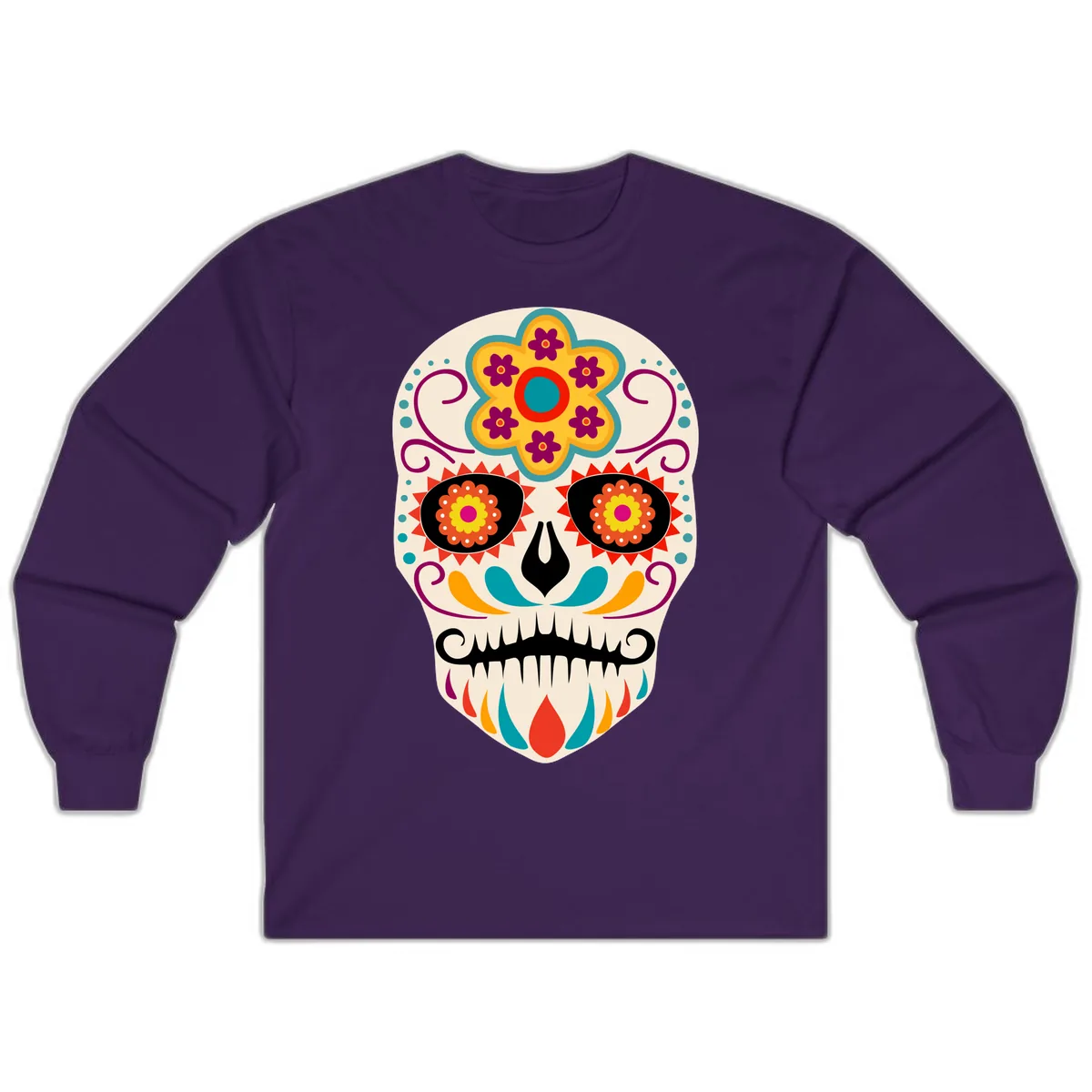 Vibrant Sugar Skull Calavera with Floral Crown Long Sleeve in Purple
