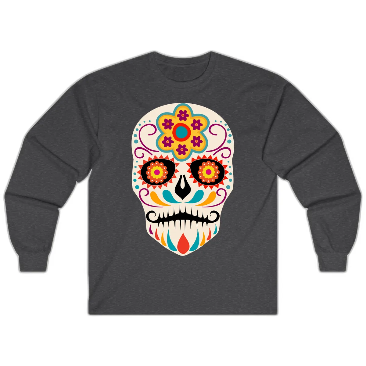 Vibrant Sugar Skull Calavera with Floral Crown Long Sleeve in Dark Heather
