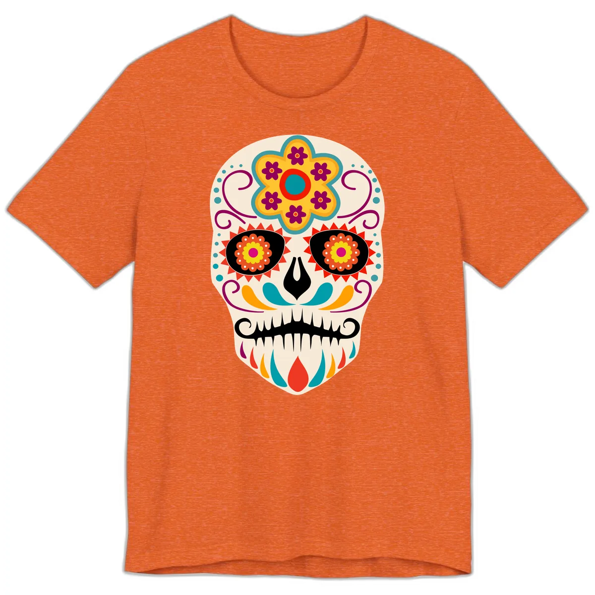 Vibrant Sugar Skull Calavera with Floral Crown Premium T-Shirt in Heather Orange