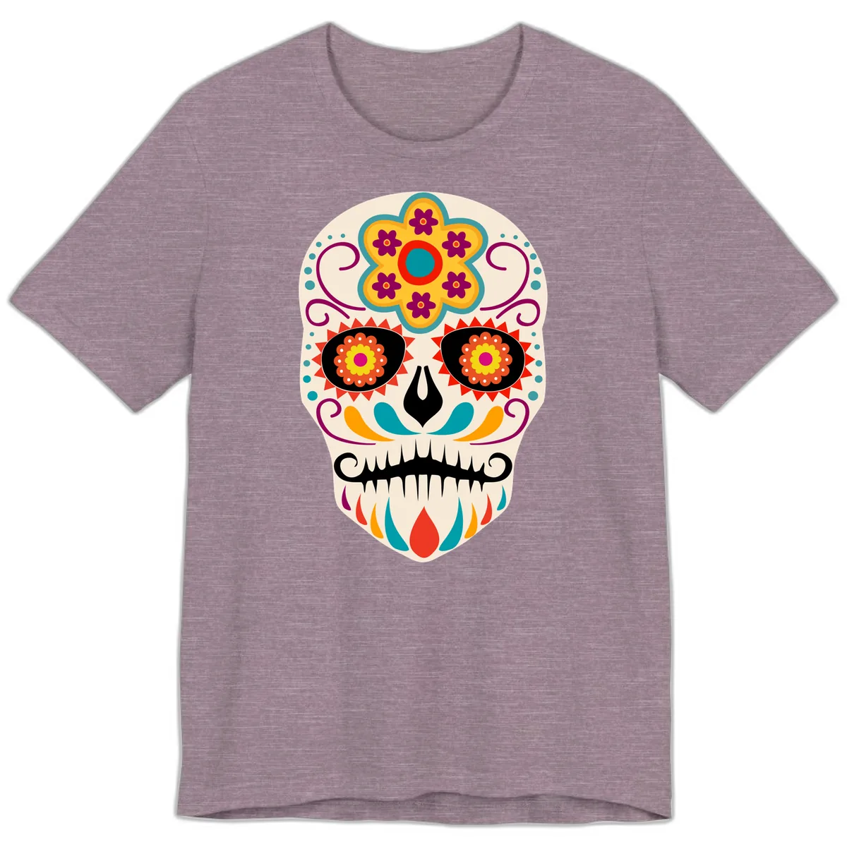Vibrant Sugar Skull Calavera with Floral Crown Premium T-Shirt in Heather Purple