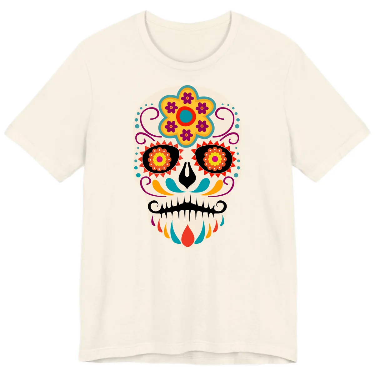 Vibrant Sugar Skull Calavera with Floral Crown Premium T-Shirt in Natural