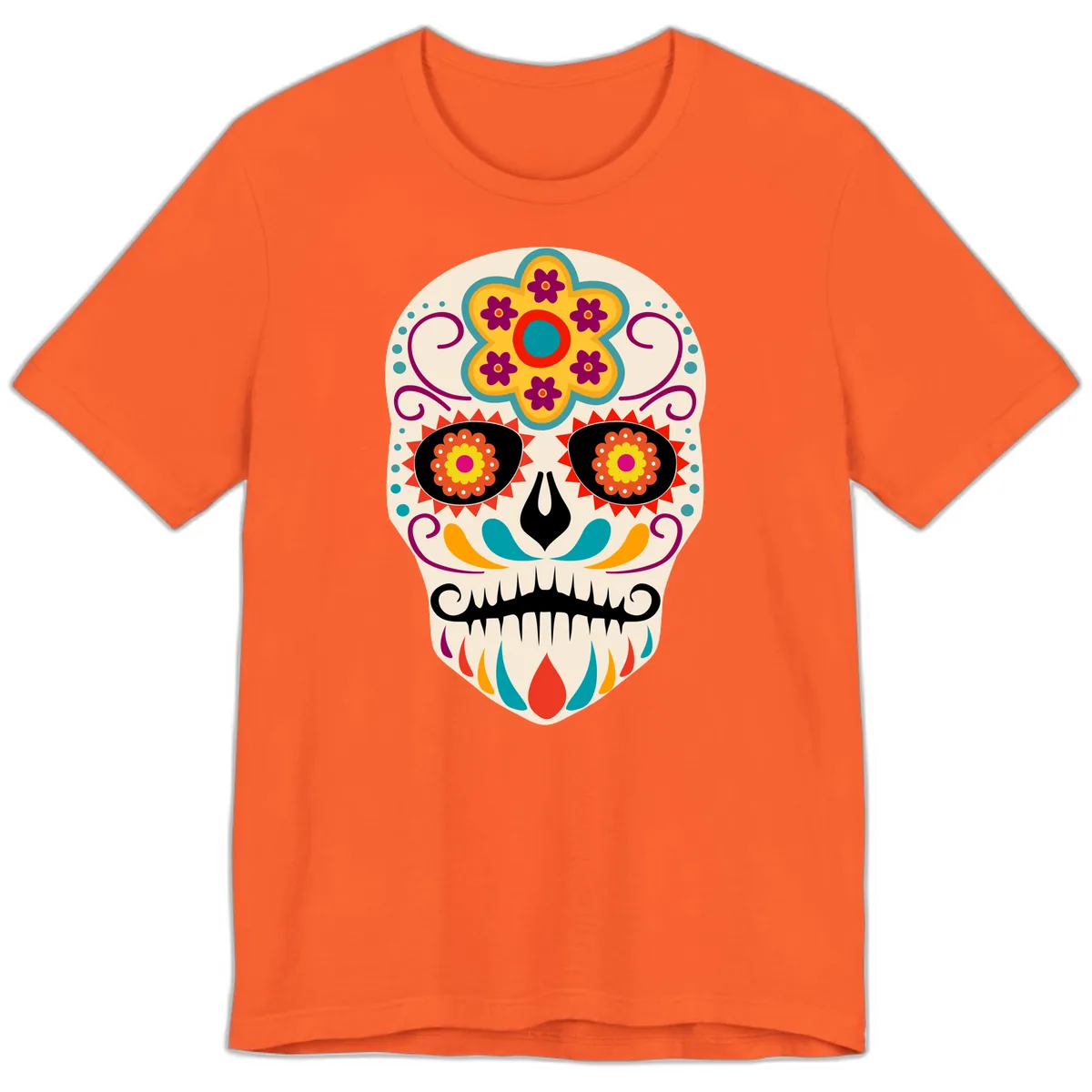 Vibrant Sugar Skull Calavera with Floral Crown Premium T-Shirt in Orange