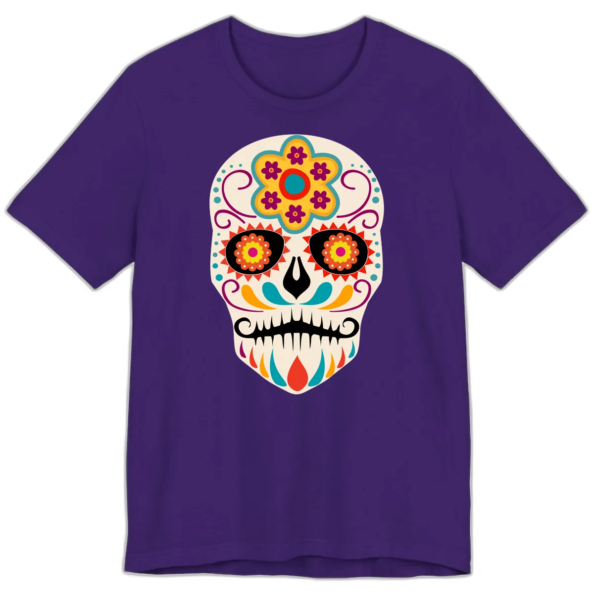 Vibrant Sugar Skull Calavera with Floral Crown Premium T-Shirt in Team Purple
