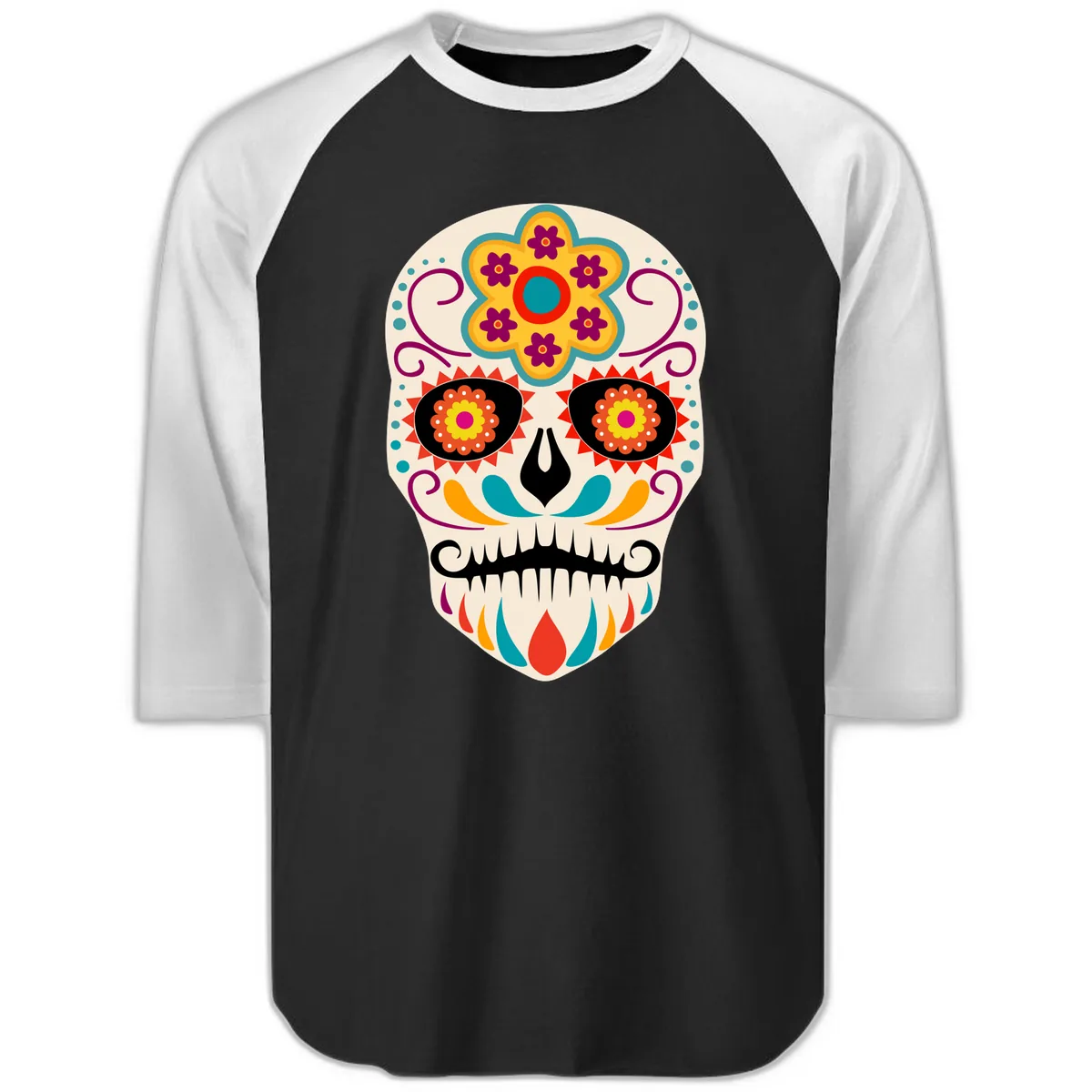 Vibrant Sugar Skull Calavera with Floral Crown Raglan 3/4 in Black White