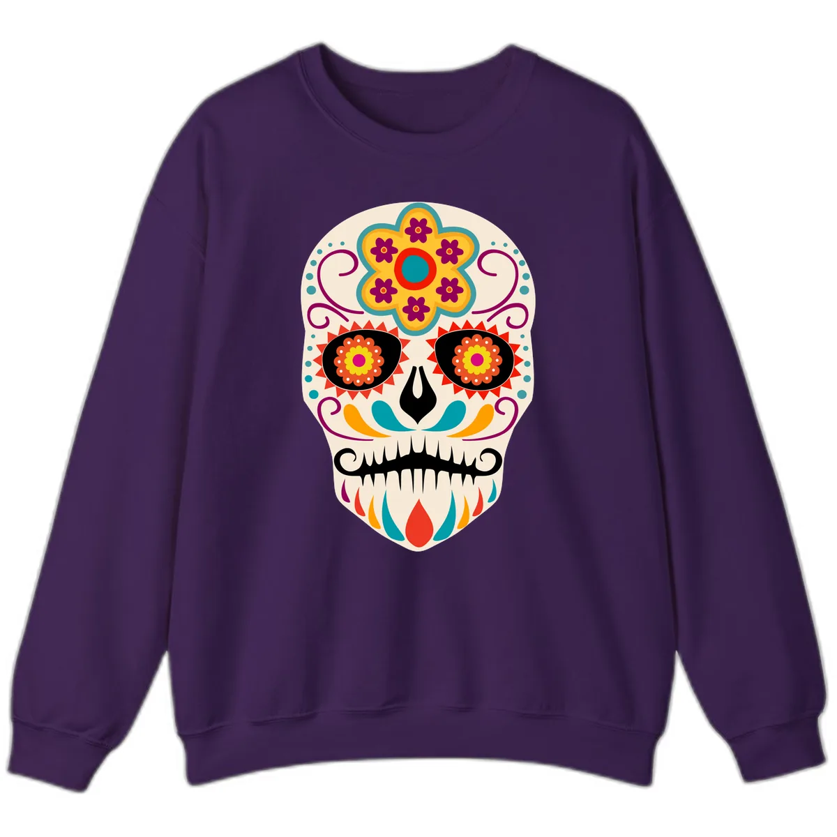 Vibrant Sugar Skull Calavera with Floral Crown Sweatshirt in Purple