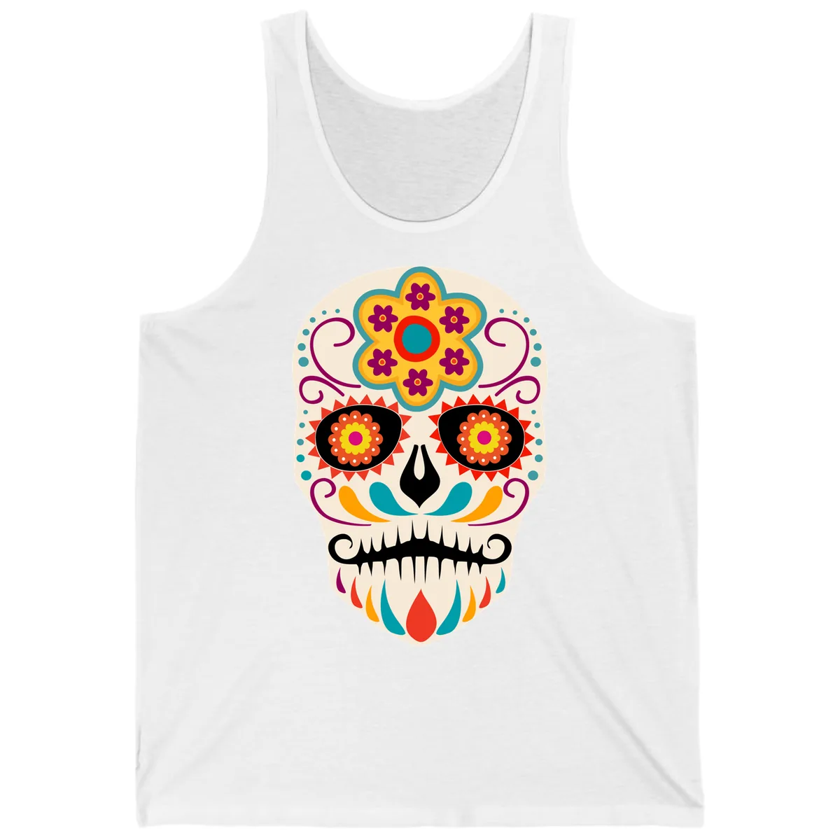 Vibrant Sugar Skull Calavera with Floral Crown Tank in White